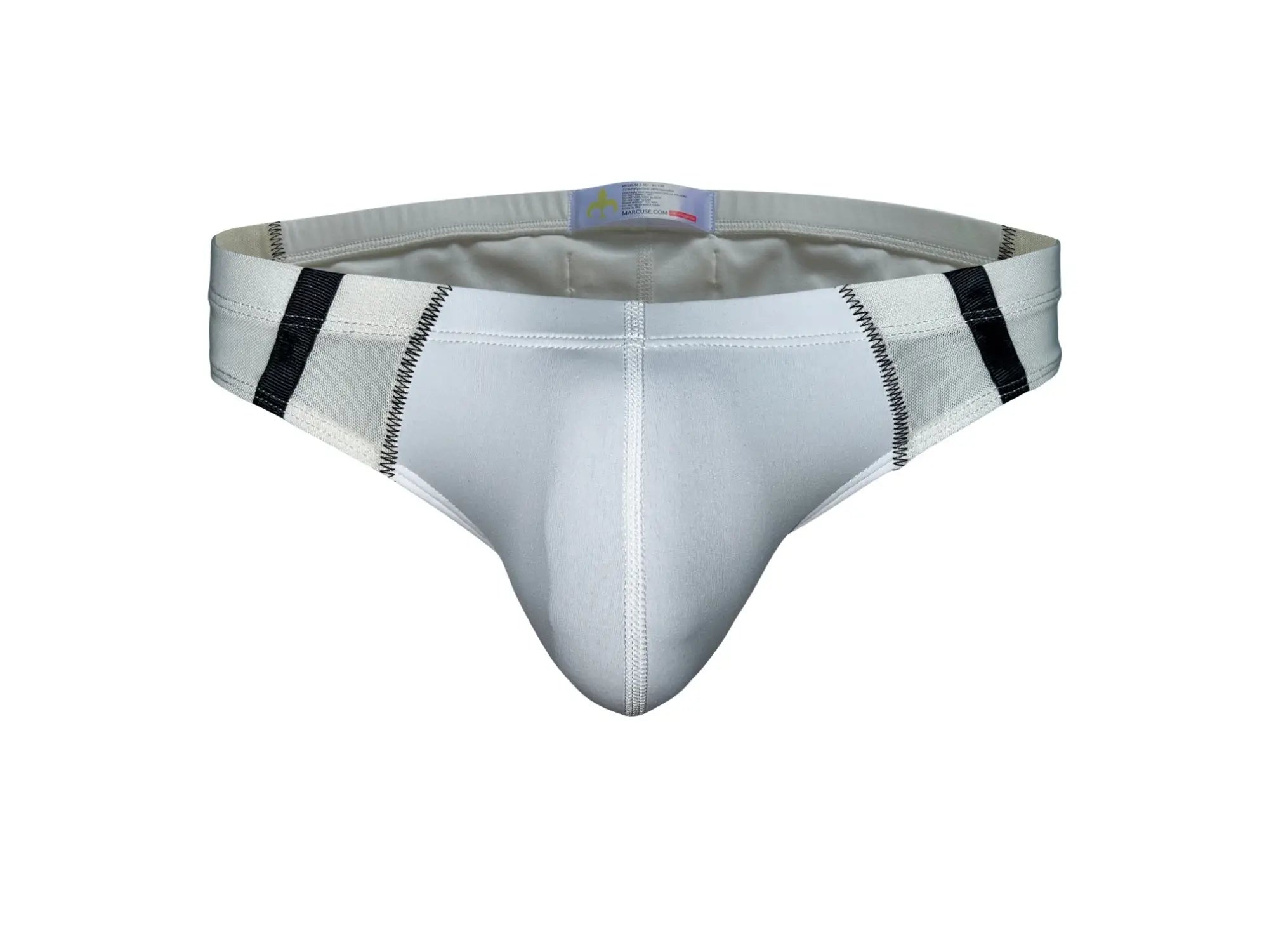 Marcuse Oberon brief underwear in white with black side stripes mesh panel and reinforced stitching along seams