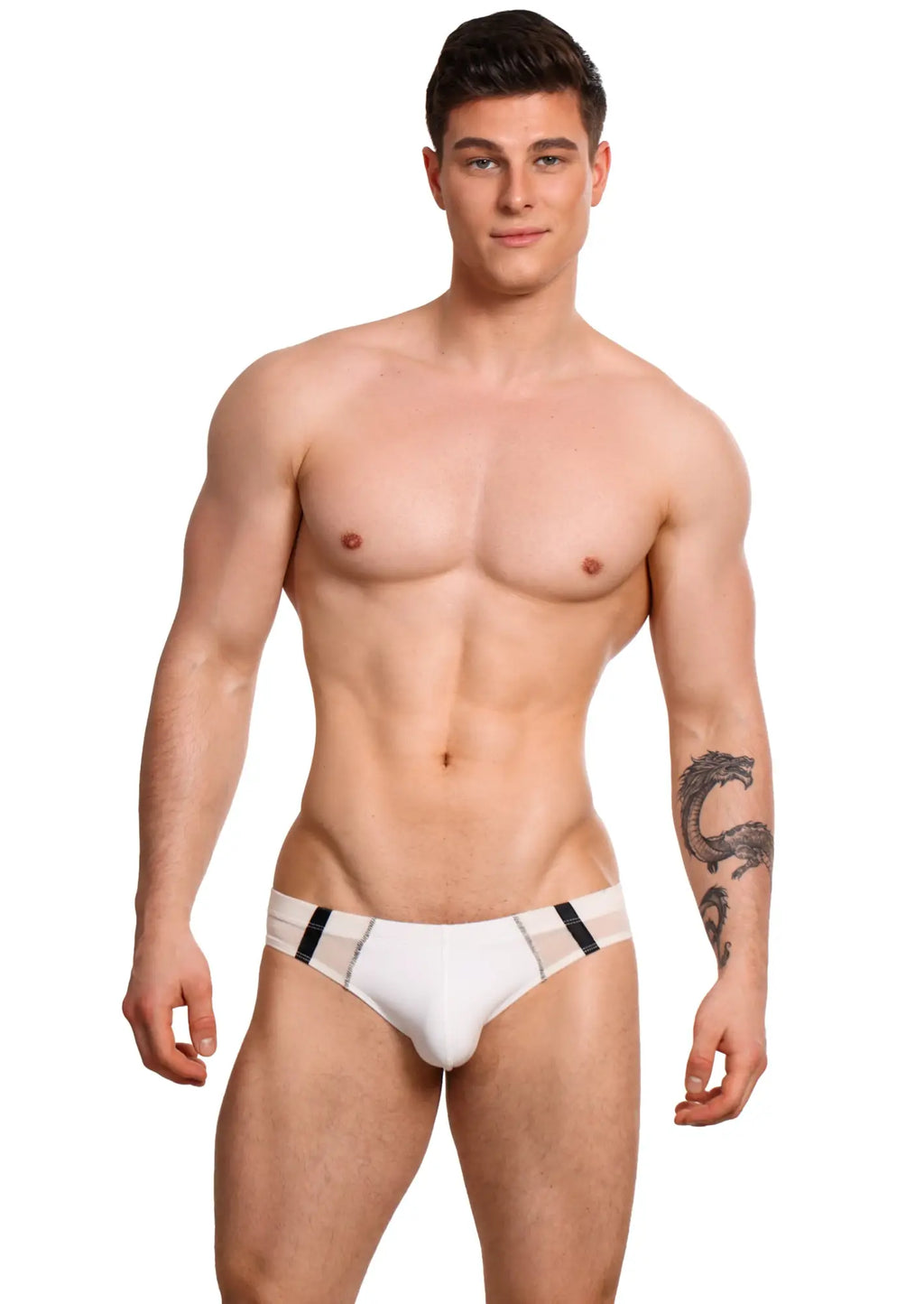 Marcuse Oberon brief underwear in white with black and gray striped accents made from soft microfiber fabric