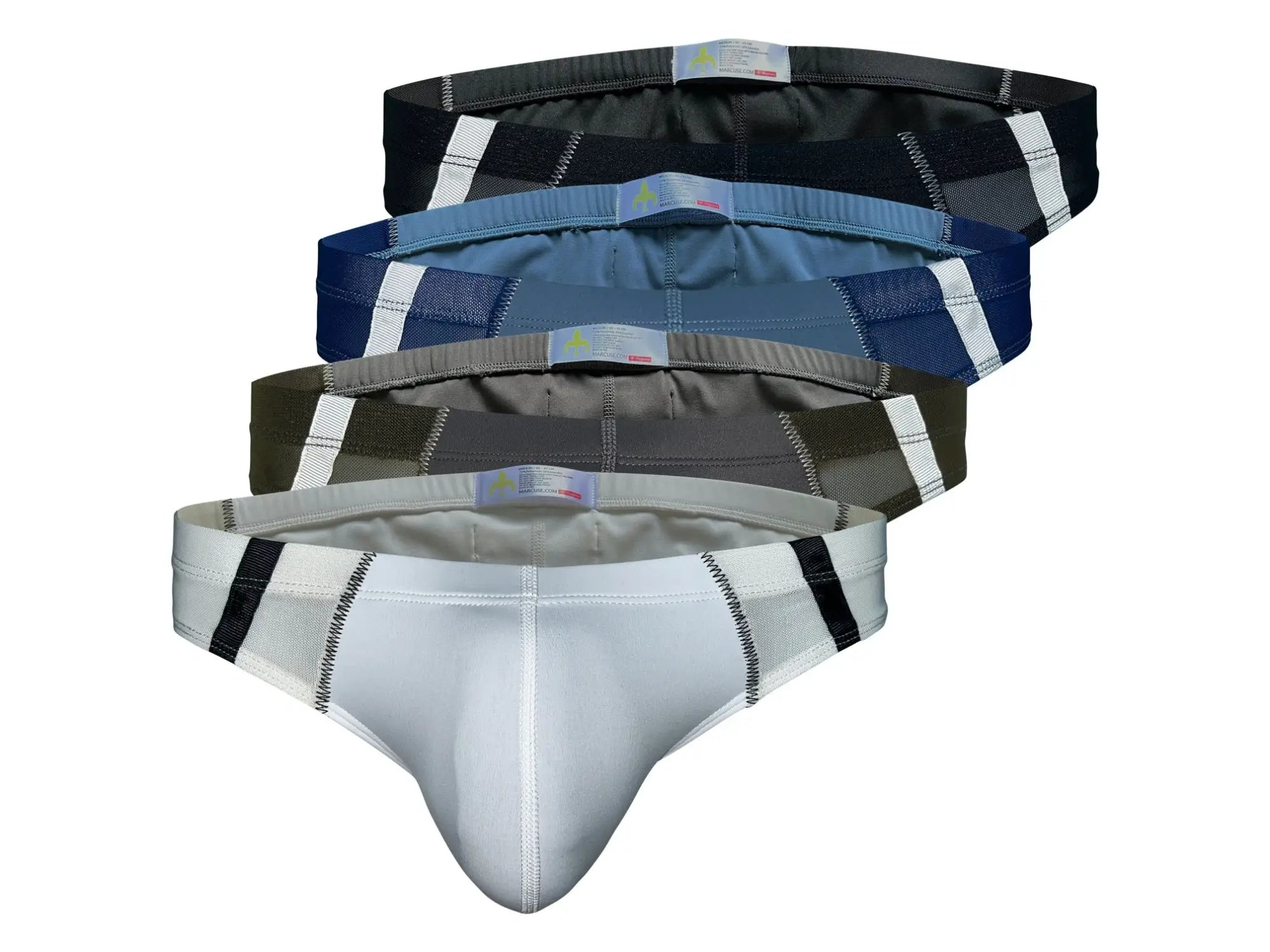 Marcuse Oberon brief underwear in white with black side stripes and a subtle textured pattern in a form-fitting style