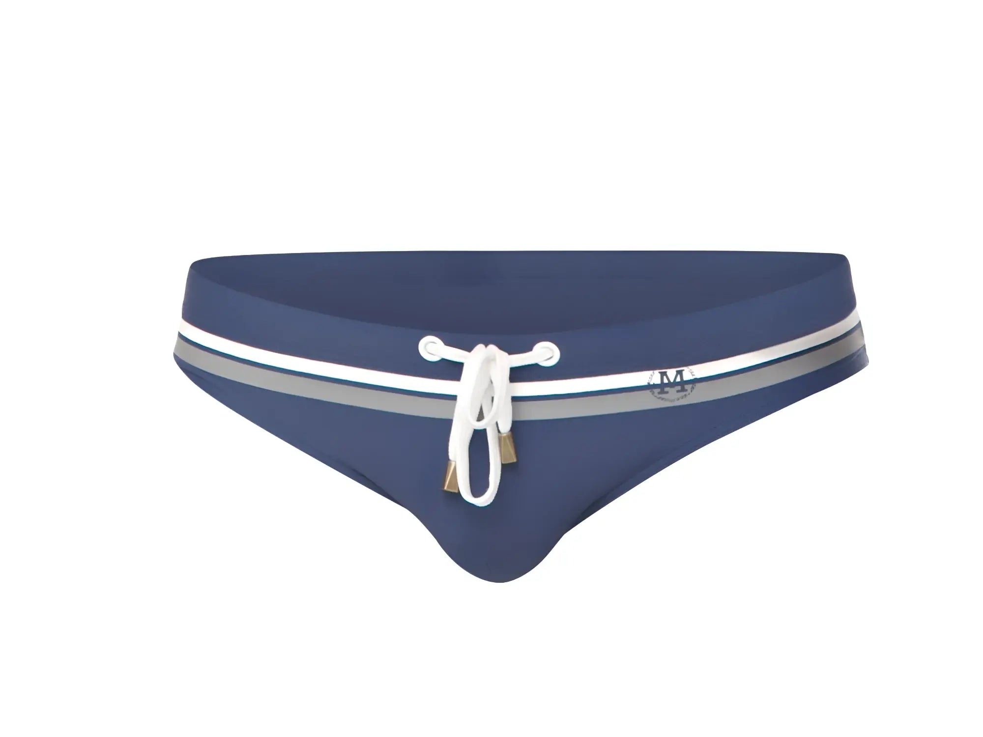 Navy blue Marcuse Ocean Bikini swimwear trunks with white and gray stripes and a white drawstring bow at the front