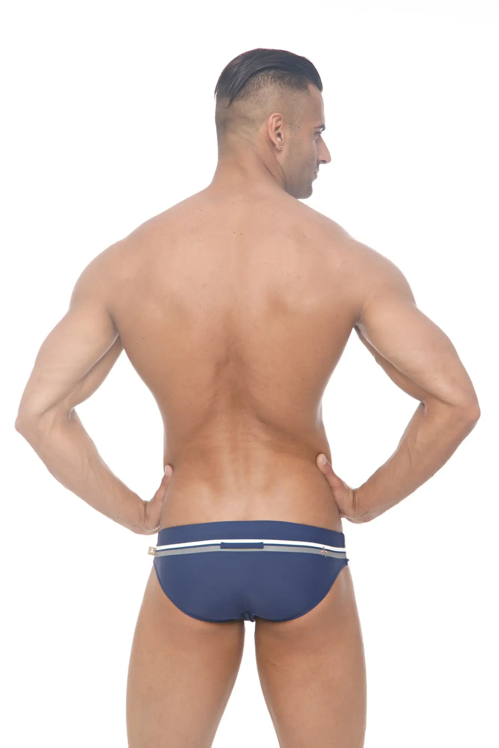 Navy blue Marcuse Ocean bikini swimwear trunks with white and gray striped waistband for swimming and beachwear