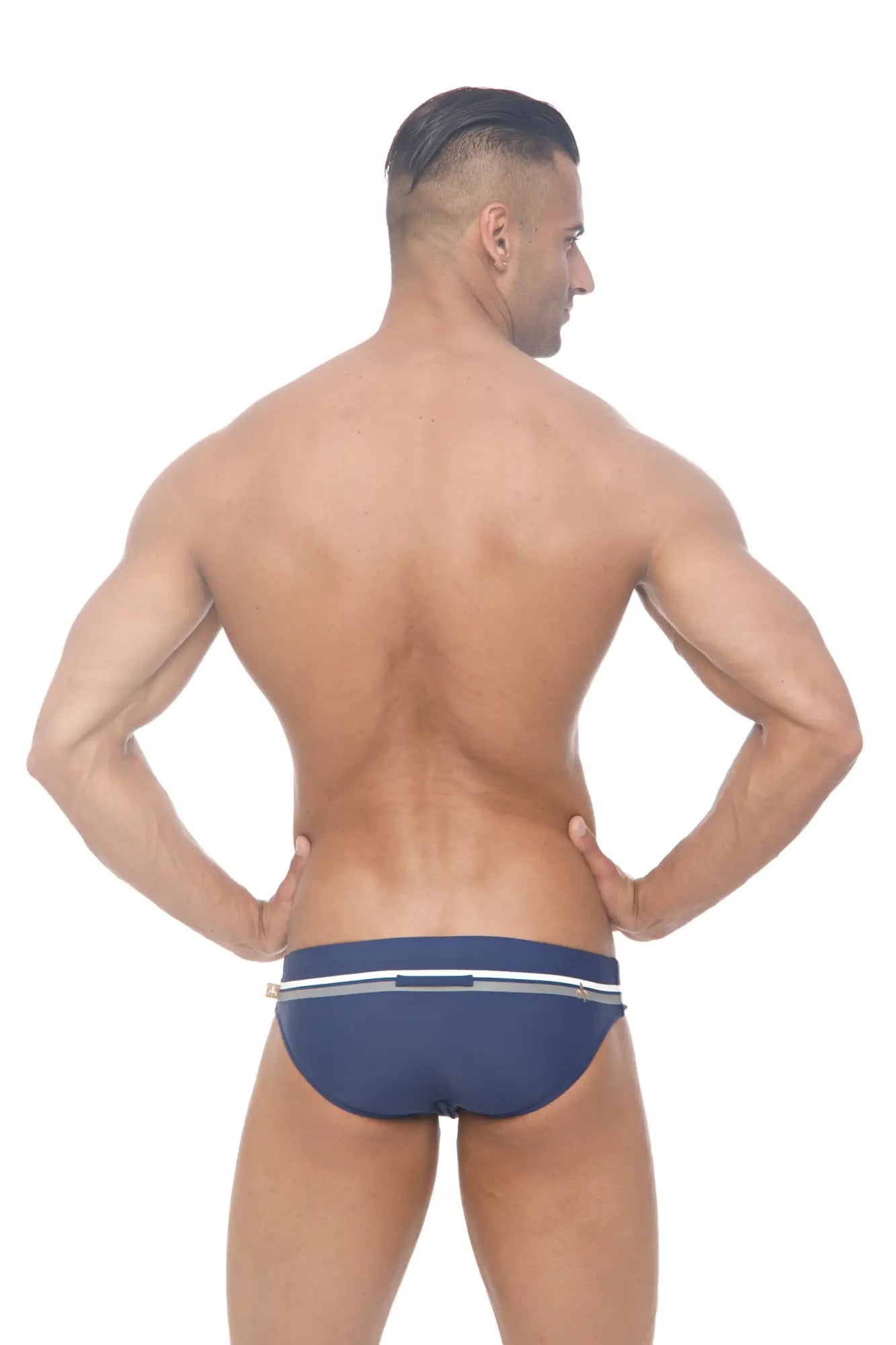Navy blue Marcuse Ocean bikini swimwear trunks with white and gray striped waistband for swimming and beachwear