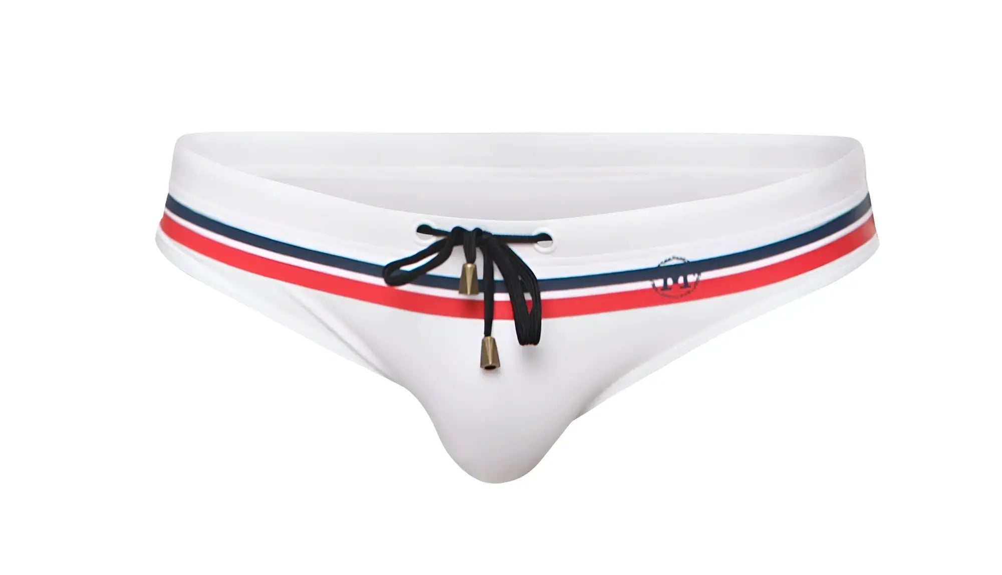 White marcuse ocean bikini swimwear trunks with red navy blue stripes black drawstring and side logo