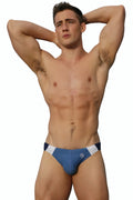 Marcuse Odyssey bikini swimwear blue and white athletic briefs with small circular logo on the front