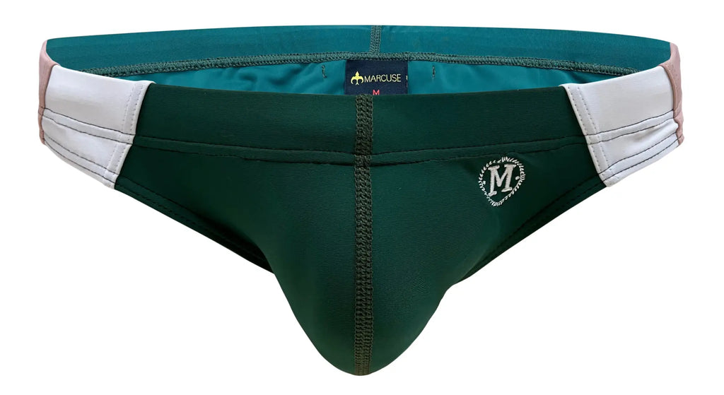 Dark green Marcuse Odyssey bikini swimwear trunks with white side panels teal lining and embroidered m logo front