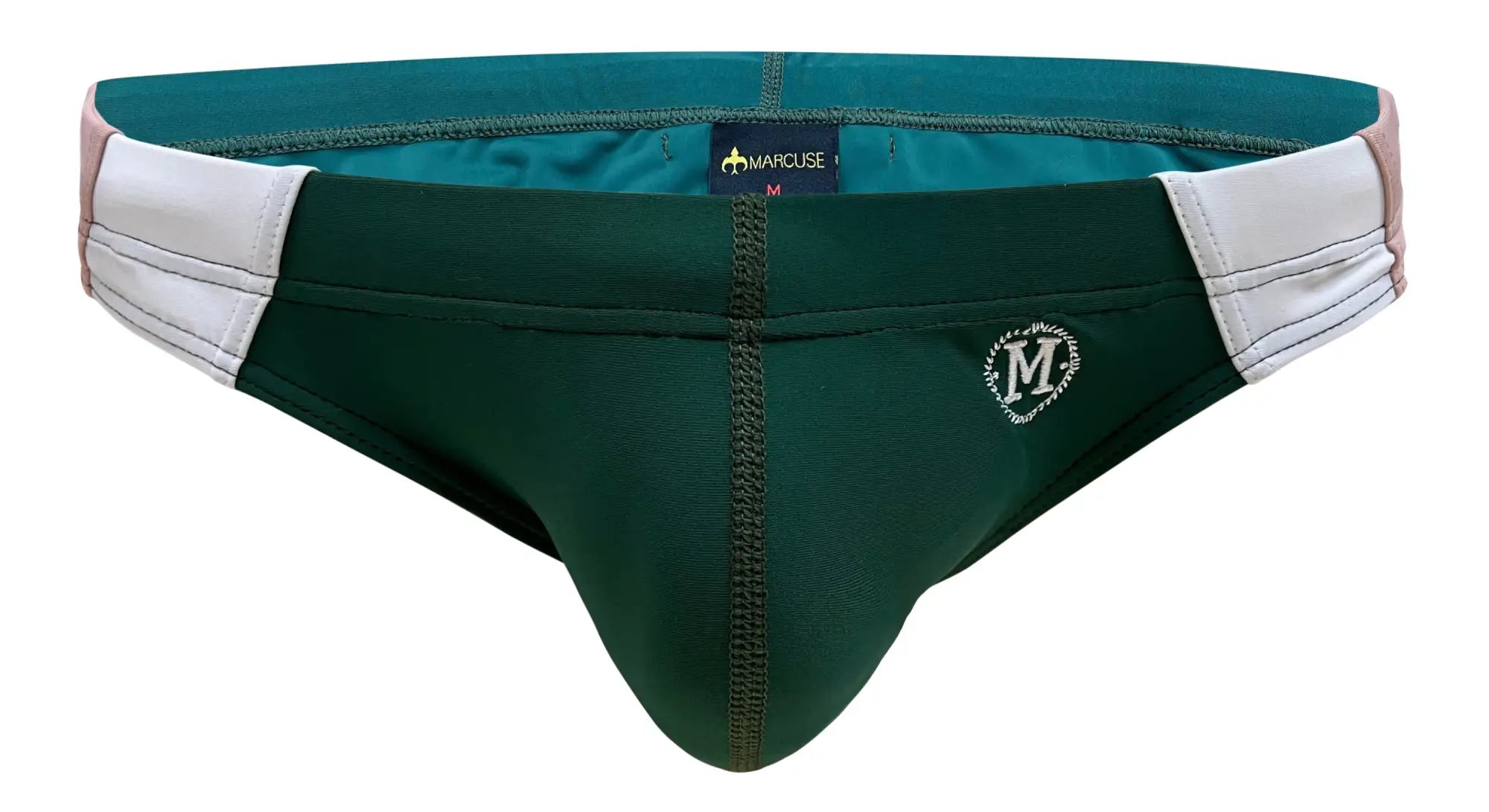 Dark green Marcuse Odyssey bikini swimwear trunks with white side panels teal lining and embroidered m logo front
