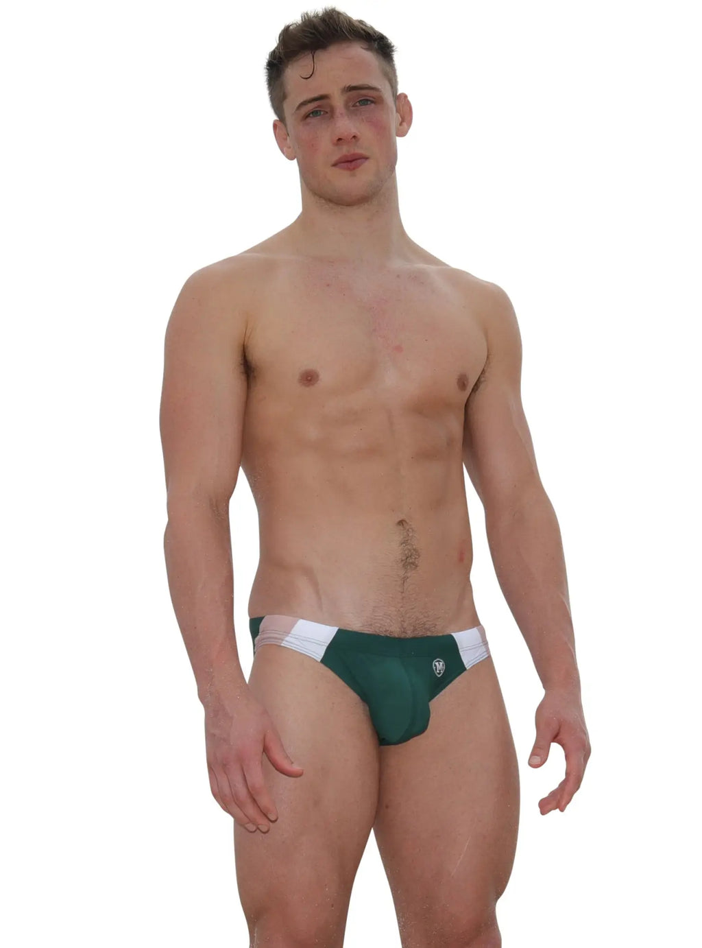 Dark green marcuse odyssey bikini swimwear trunks with white side panels and a small front logo for swimming