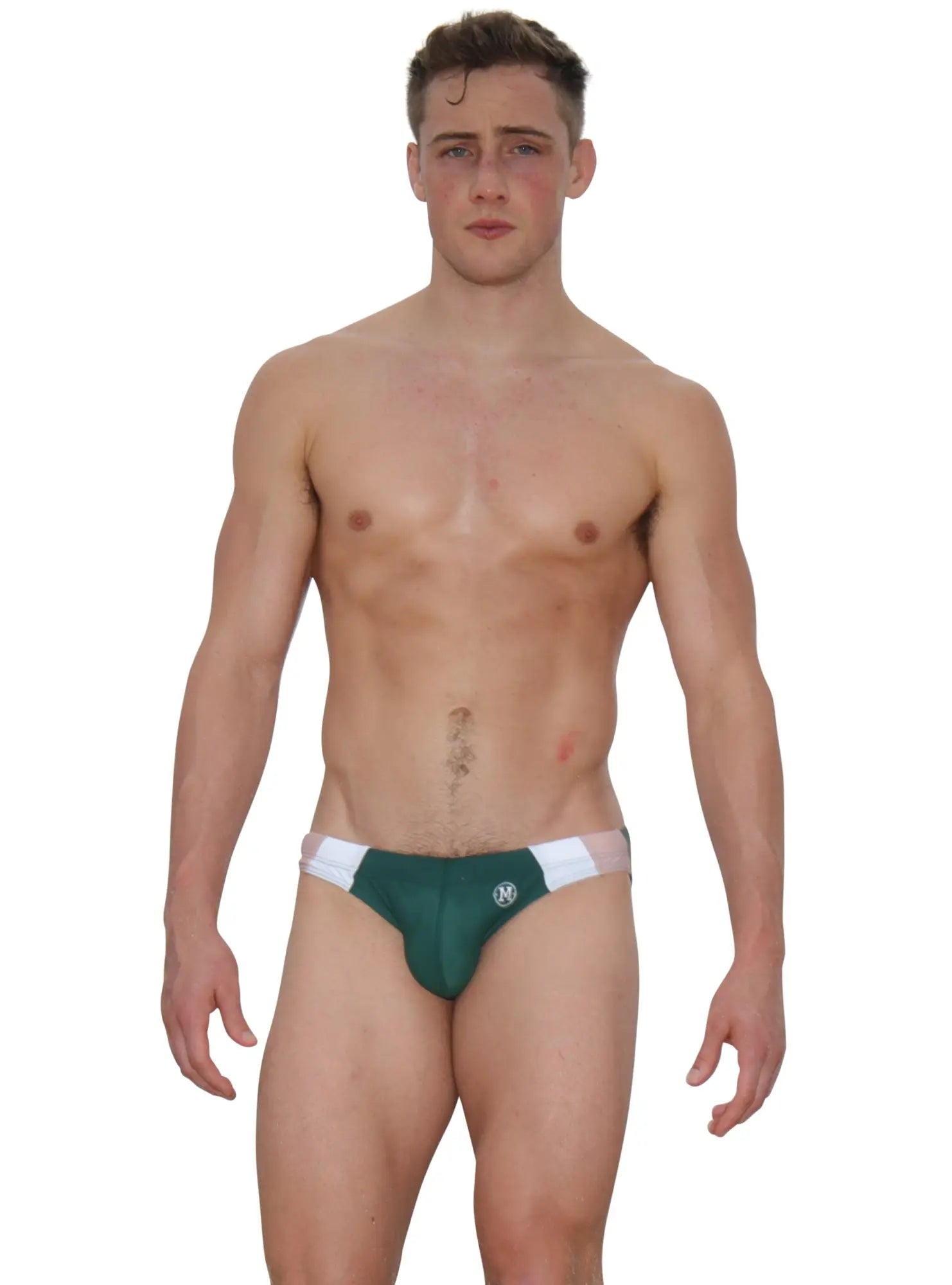 Green and white marcuse odyssey bikini swimwear briefs with small logo on front designed for athletic use