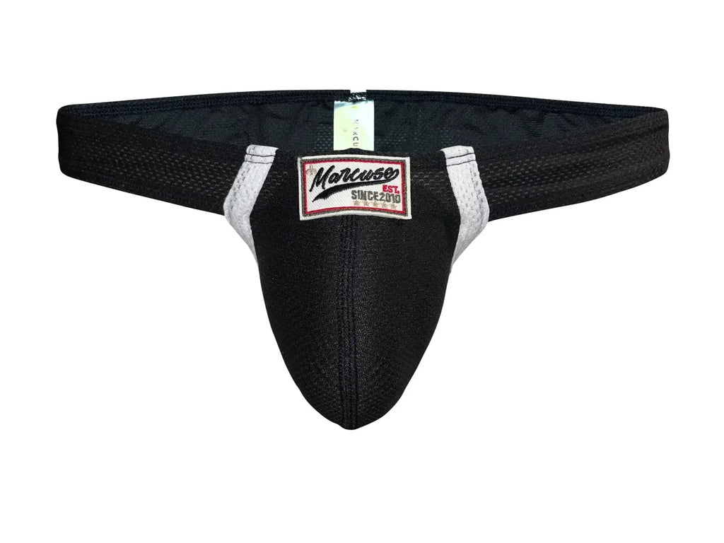 Black mesh marcuse oscar brief underwear with white trim and rectangular marcus brand label for athletic use