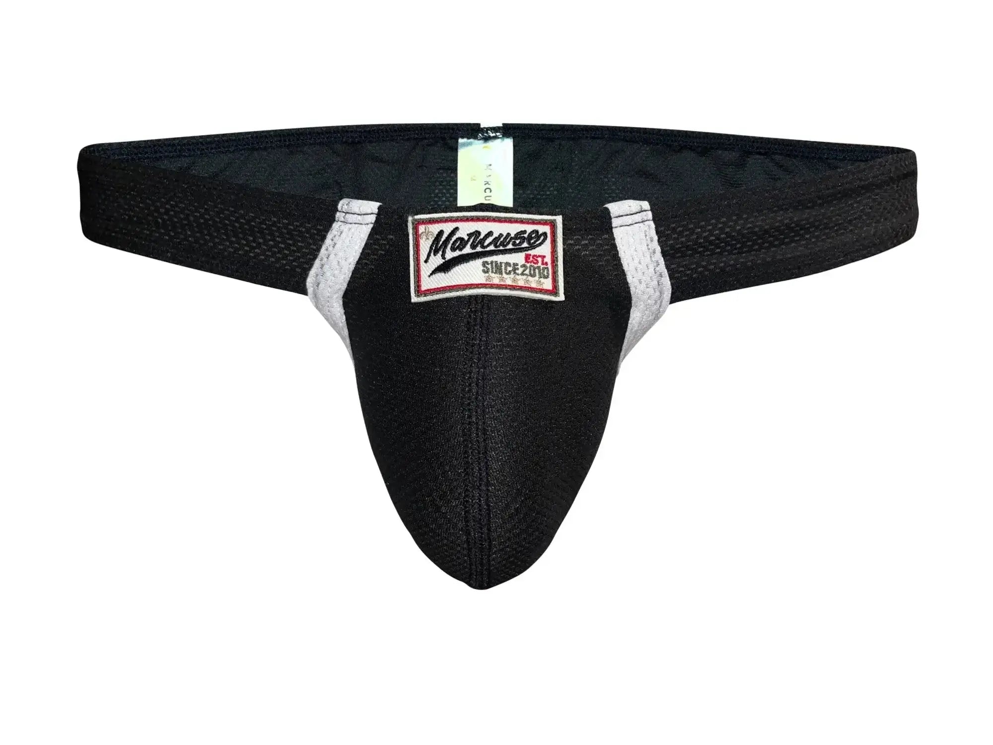 Black mesh marcuse oscar brief underwear with white trim and rectangular marcus brand label for athletic use