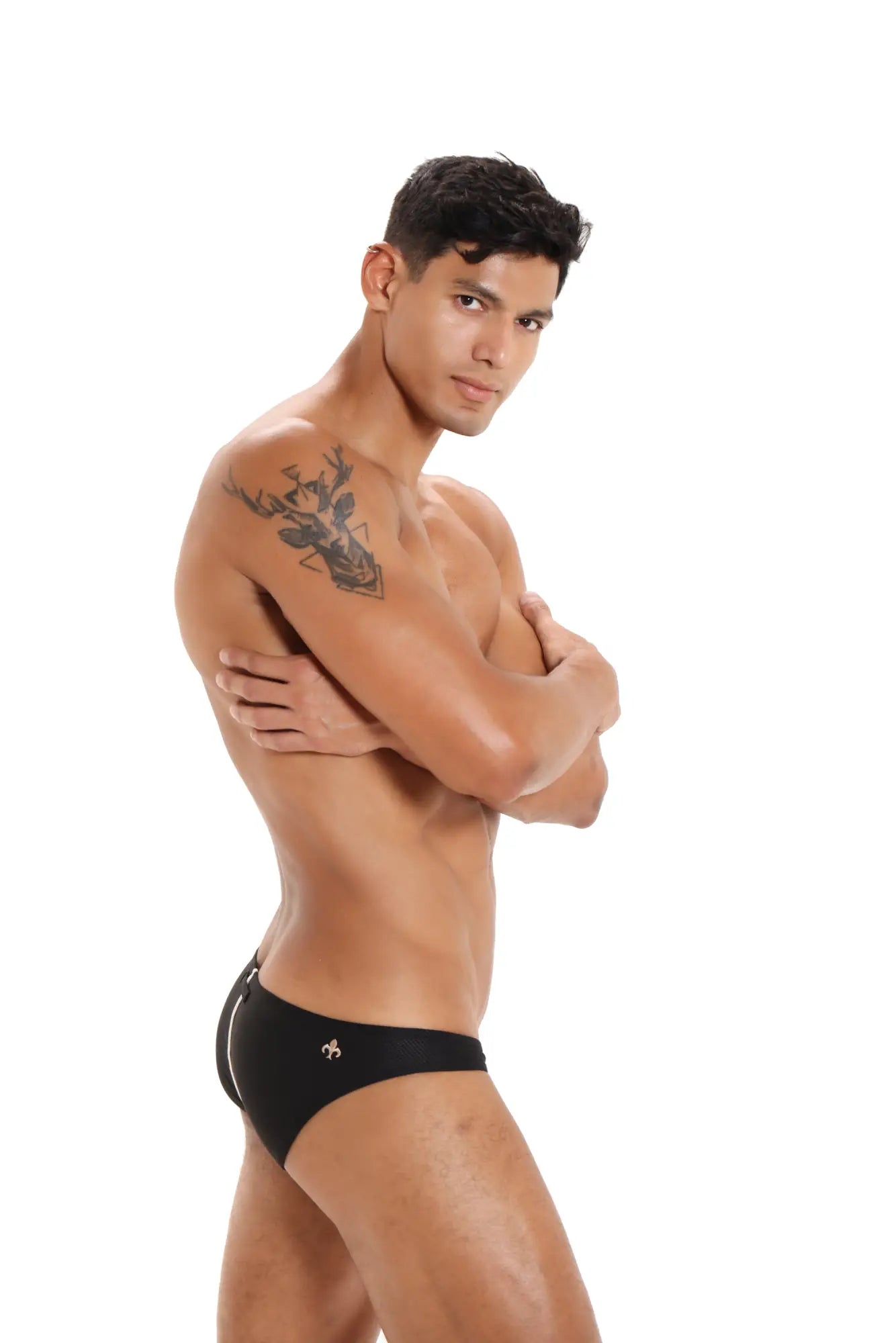 Black marcuse oscar brief underwear swim trunks with small gold logo on left hip designed for comfortable wear