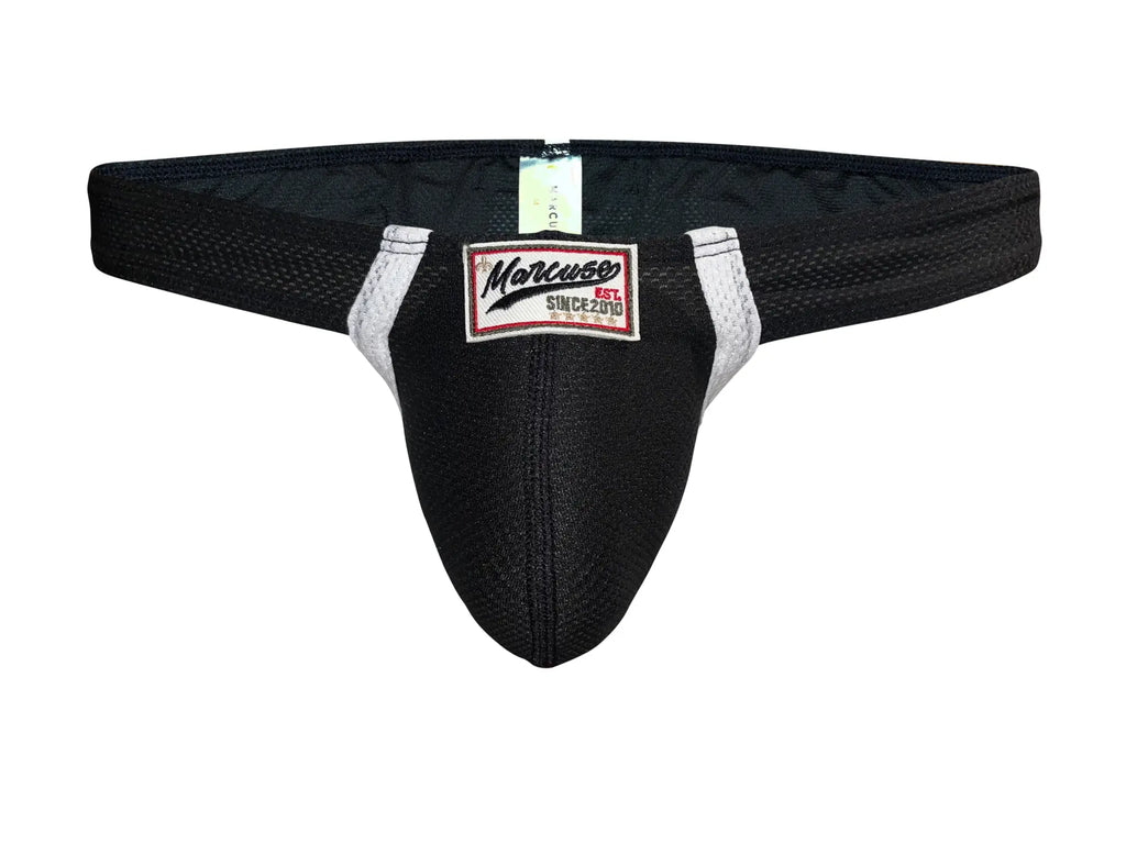 Black mesh marcuse oscar brief underwear with white trim and rectangular marcus brand label for athletic use