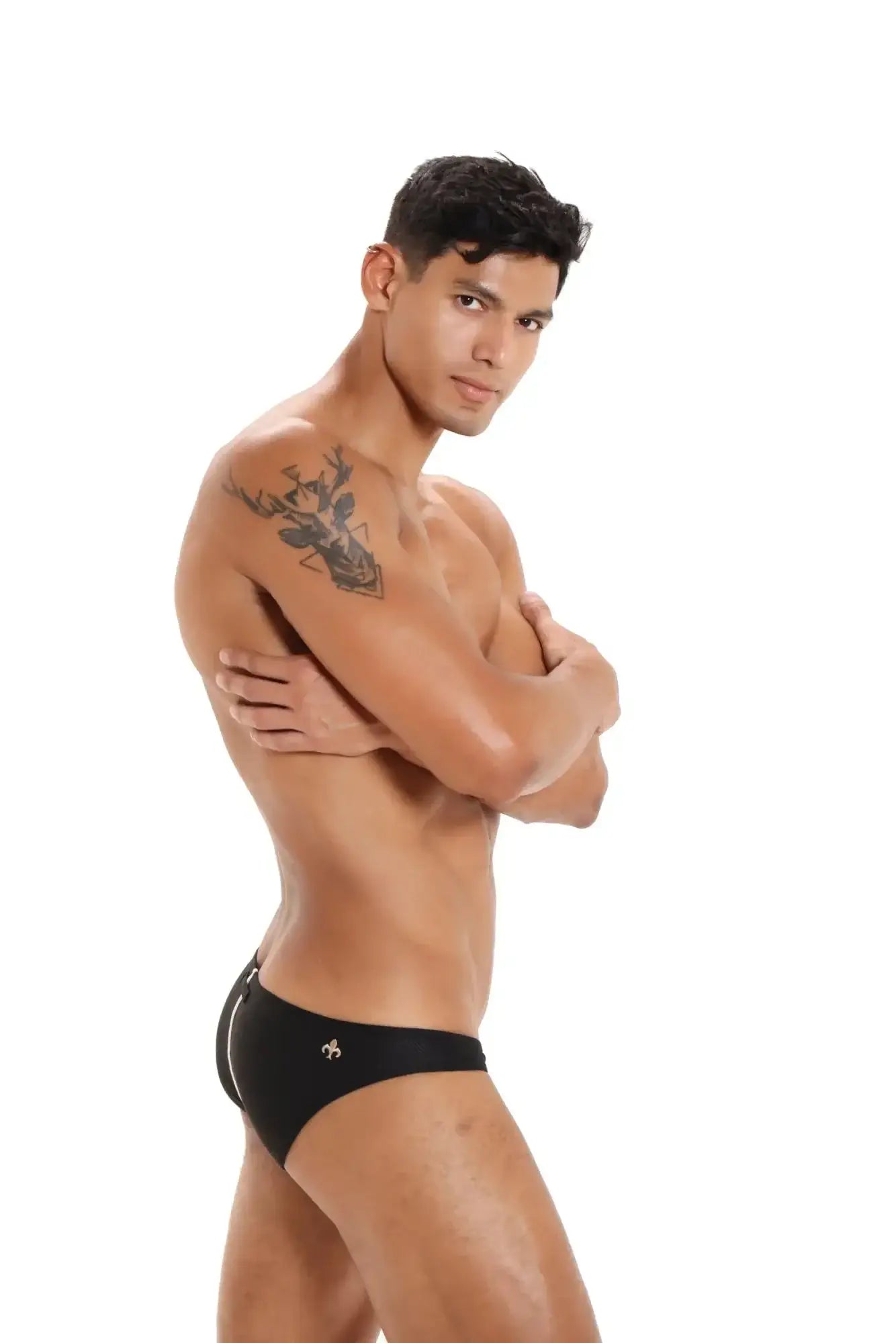 Black marcuse oscar brief underwear swim trunks with small gold logo on left hip designed for comfortable wear