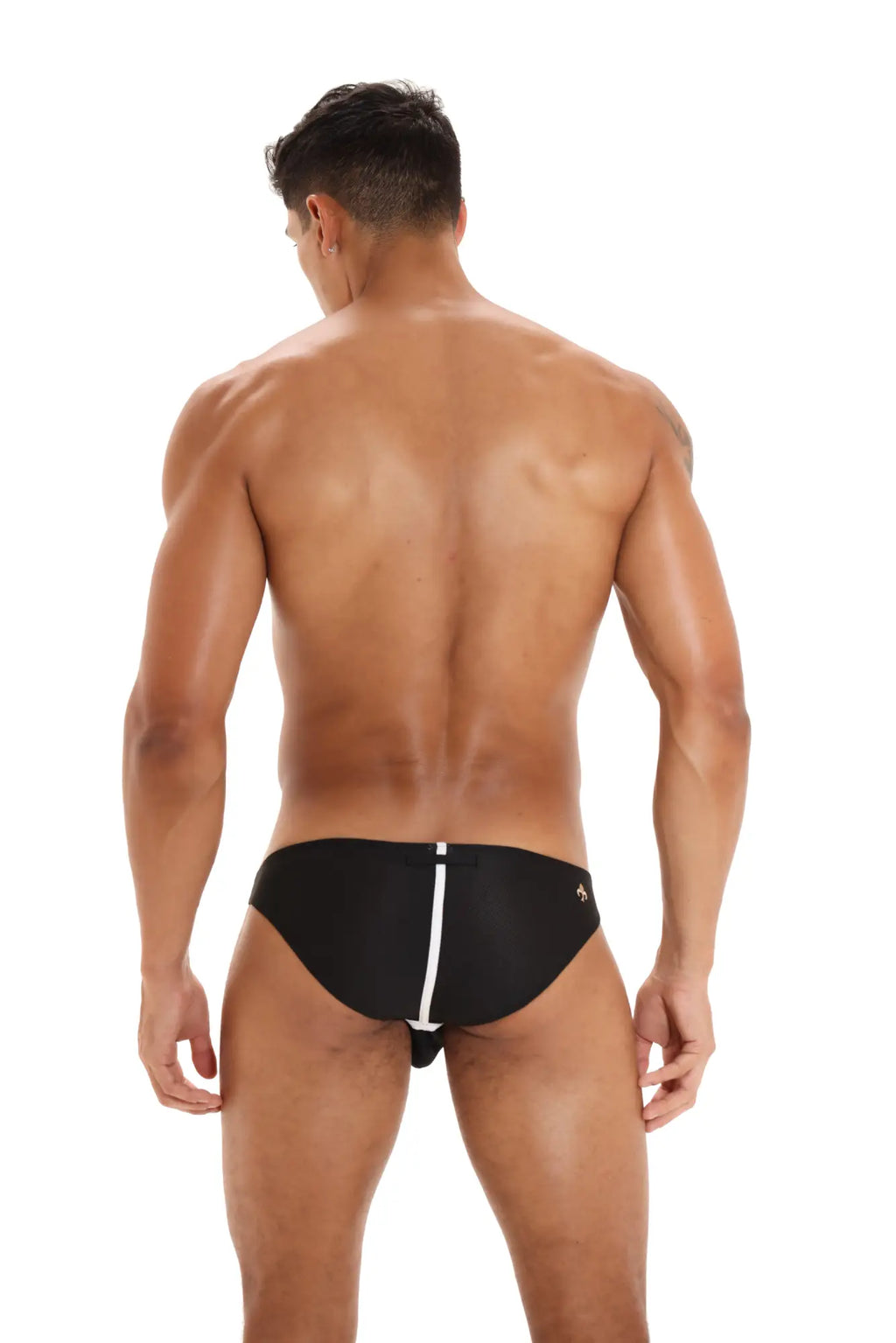Marcuse Oscar brief underwear black swim trunks with white vertical stripe and small side logo for swimming