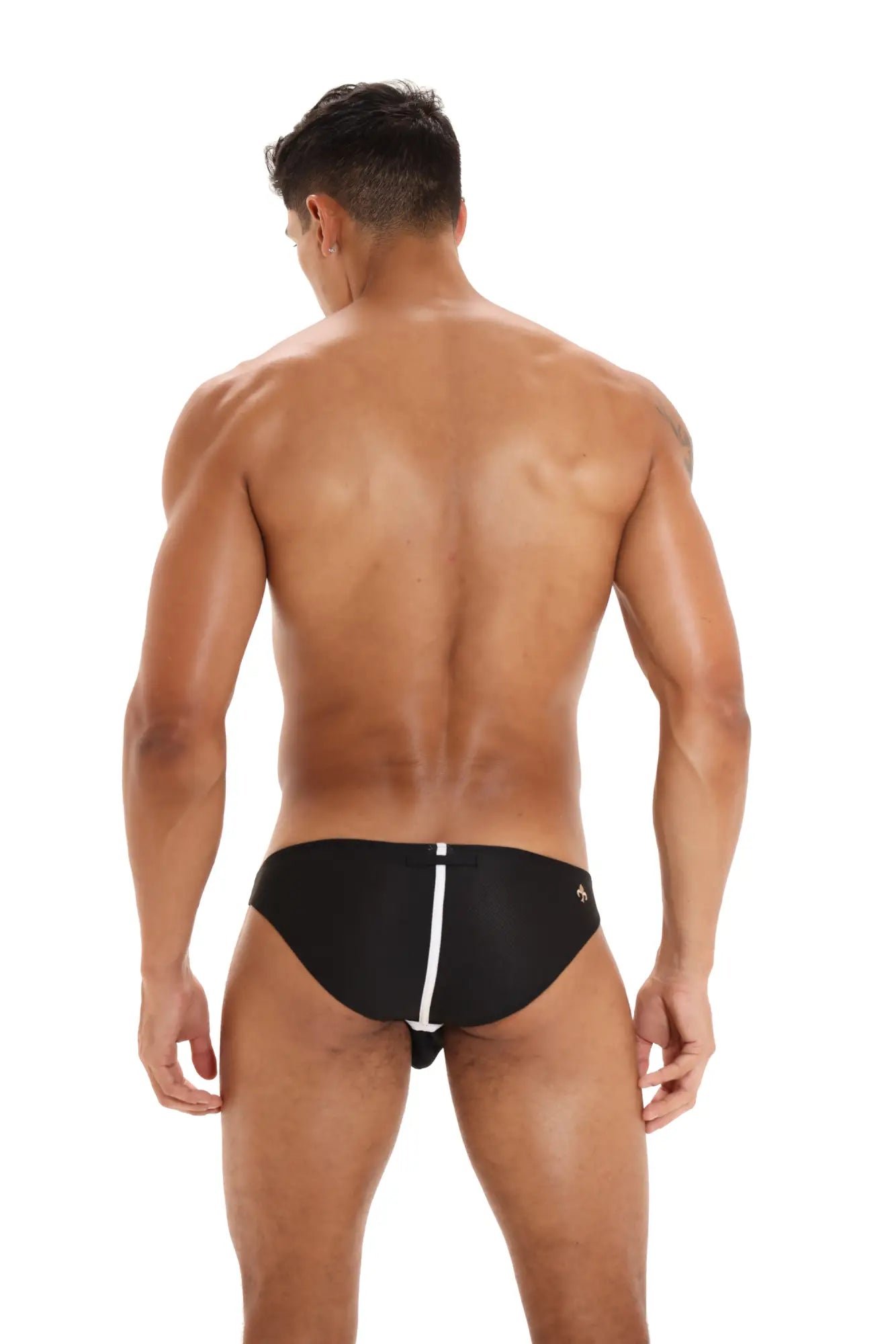 Marcuse Oscar brief underwear black swim trunks with white vertical stripe and small side logo for swimming