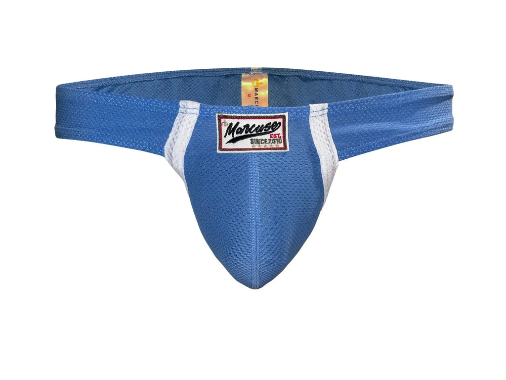 Blue mesh marcuse oscar brief underwear with white side stripes and marcuse brand label