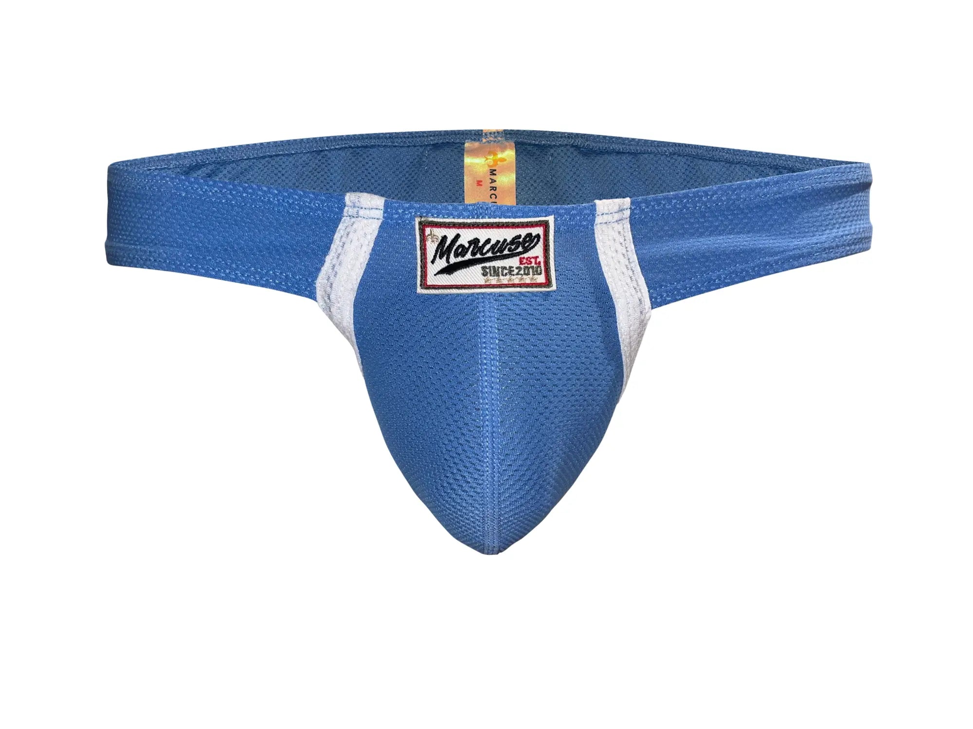 Blue mesh marcuse oscar brief underwear with white side stripes and marcuse brand label