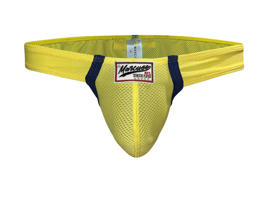 Marcuse Oscar brief underwear in bright yellow mesh with navy blue side panels and red white and black marcuse label