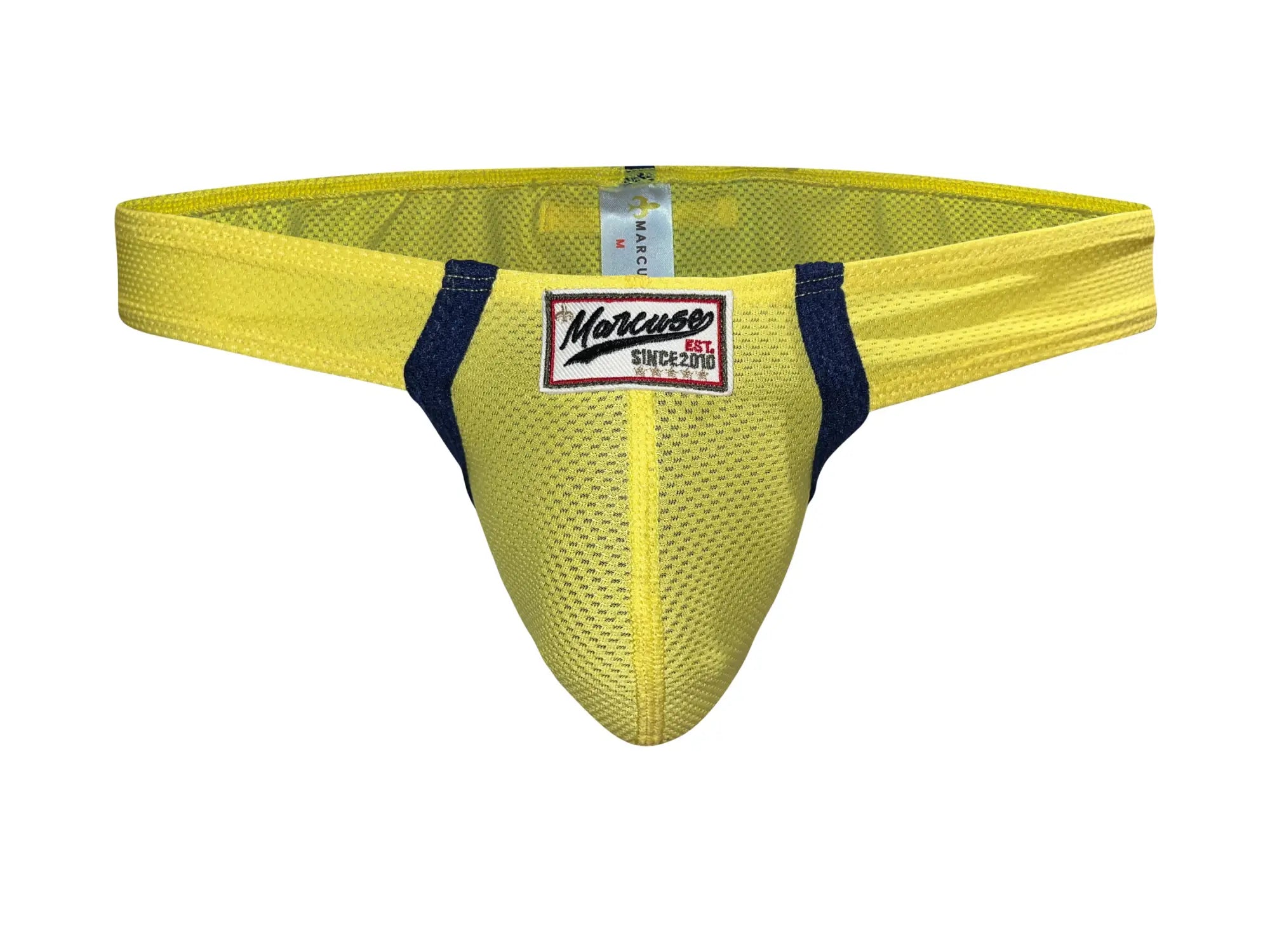 Marcuse Oscar brief underwear in bright yellow mesh with navy blue side panels and red white and black marcuse label