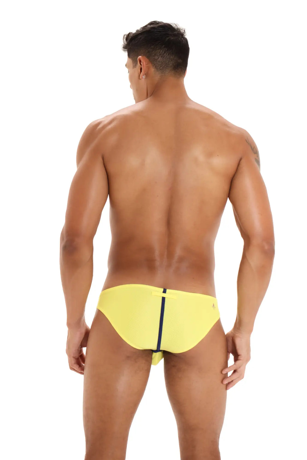 Bright yellow marcuse oscar brief underwear shown from the back with a black vertical zipper detail