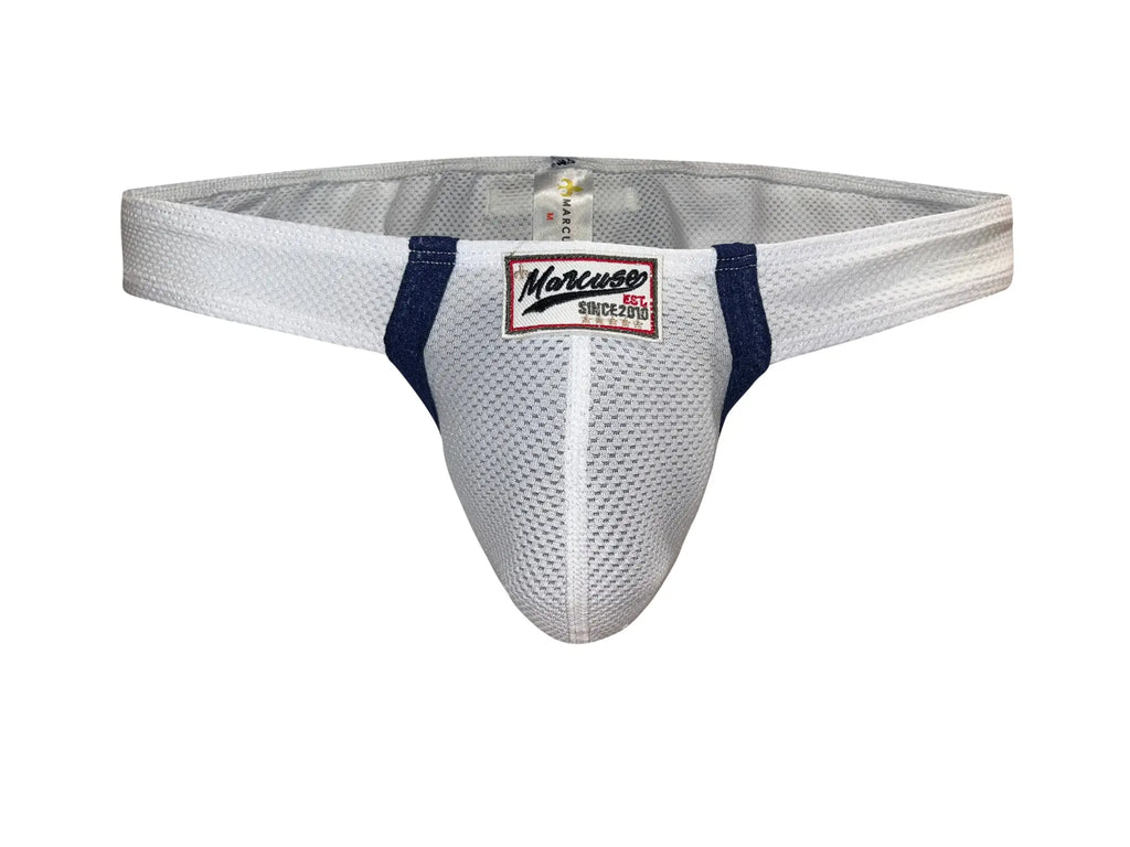 Marcuse oscar brief underwear in white mesh with navy blue side panels and a red-bordered marcus brand label