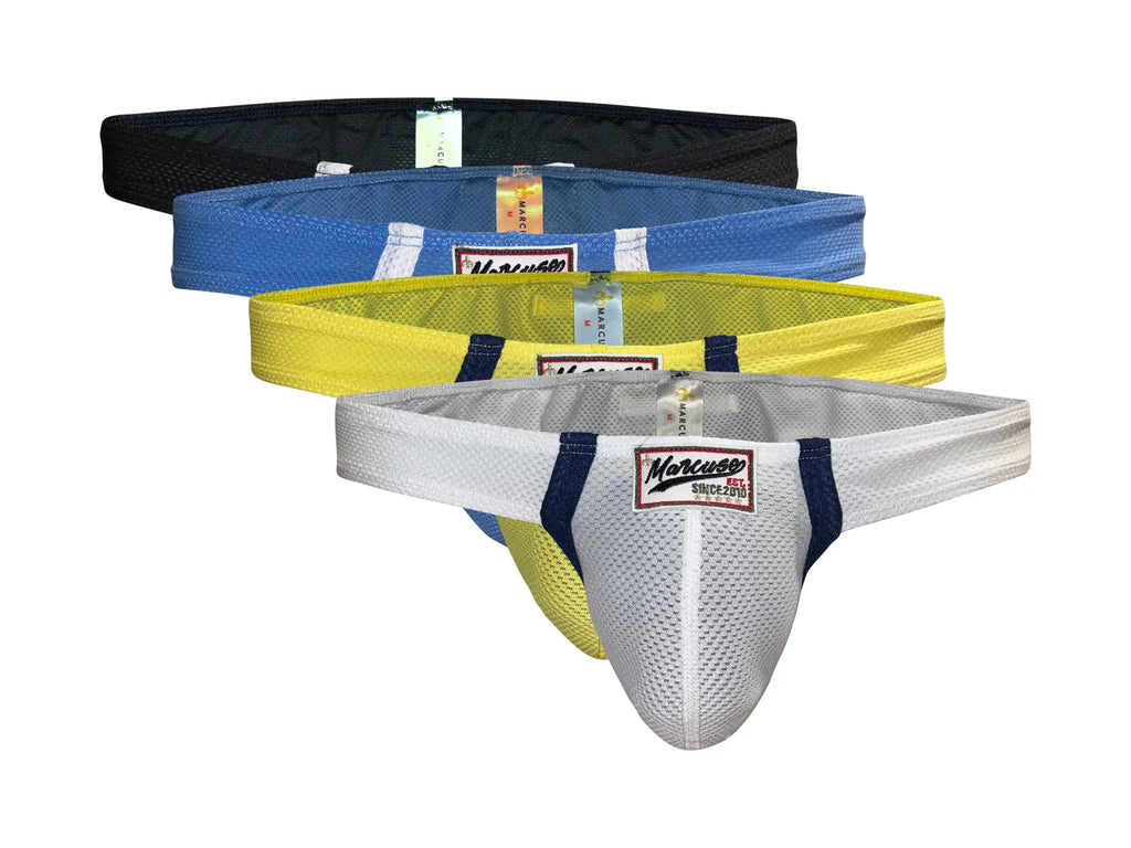 Marcuse Oscar brief underwear white mesh thong with navy blue trim and red bordered mercurio since 2018 label