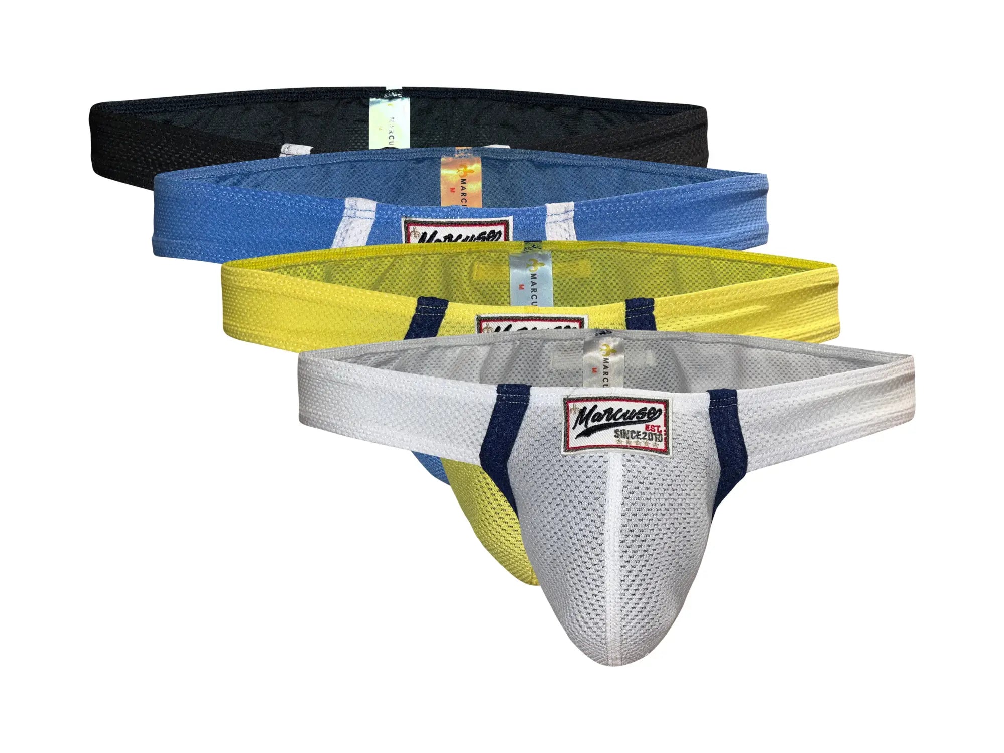 Marcuse Oscar brief underwear white mesh thong with navy blue trim and red bordered mercurio since 2018 label