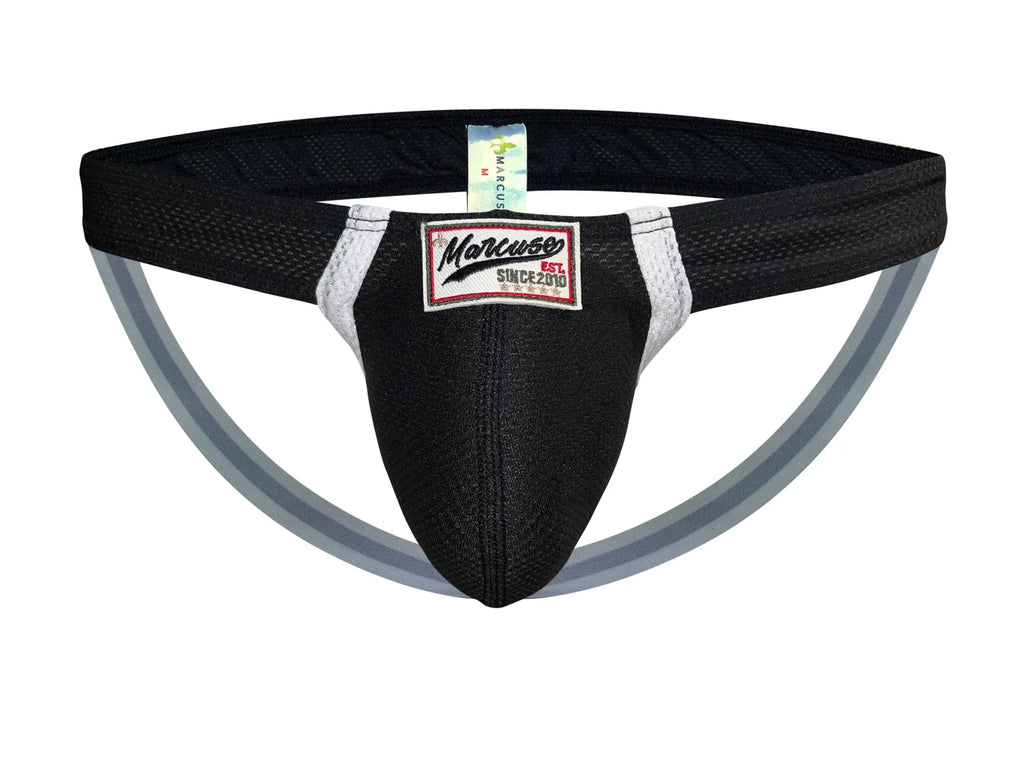 Black mesh athletic brief with white trim and red black and white marcuse brand label from marcuse oscar jock underwear