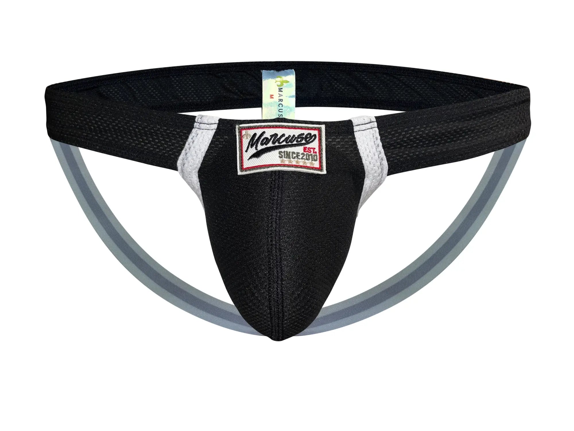 Black mesh athletic brief with white trim and red black and white marcuse brand label from marcuse oscar jock underwear