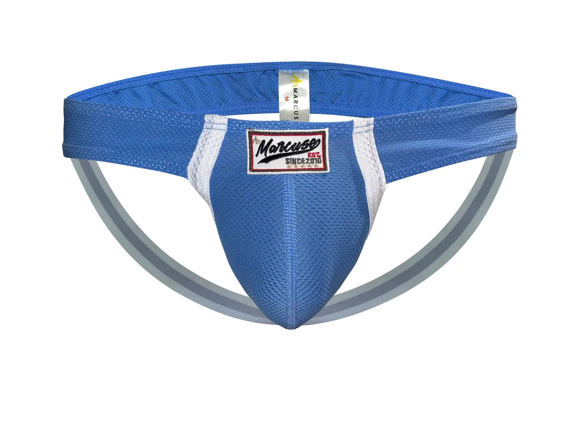 Blue and white marcuse oscar jock athletic briefs with textured fabric and marcus brand label visible on front