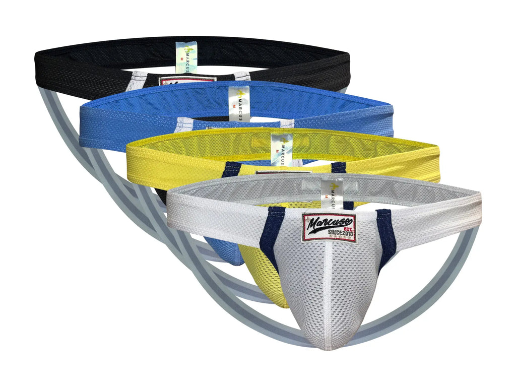 Set of four Marcuse Oscar Jock athletic mesh briefs in black blue yellow and white with navy trim