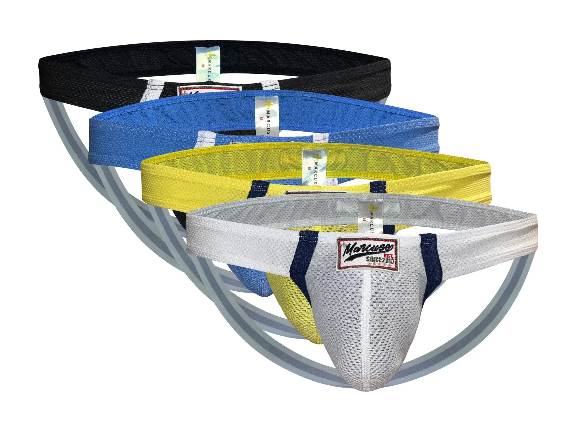 Set of four Marcuse Oscar Jock athletic mesh briefs in black blue yellow and white with navy trim