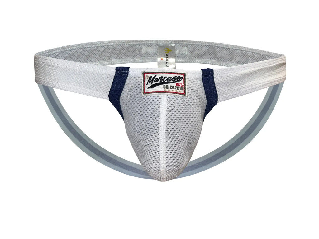 Marcuse Oscar jock underwear white mesh athletic brief with navy blue side panels and gray elastic waistband