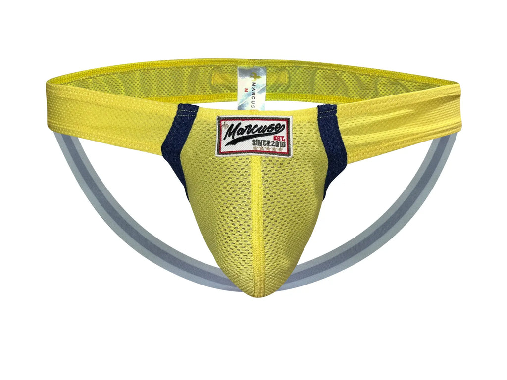 Yellow mesh marcuse oscar jock underwear brief with navy blue side panels and red white black brand label