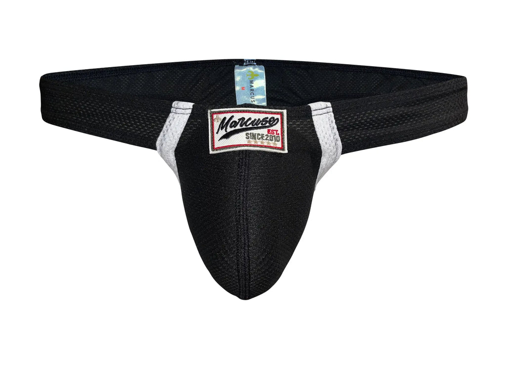 Marcuse Oscar thong underwear in black mesh with white trim and a red black and white marcus brand label