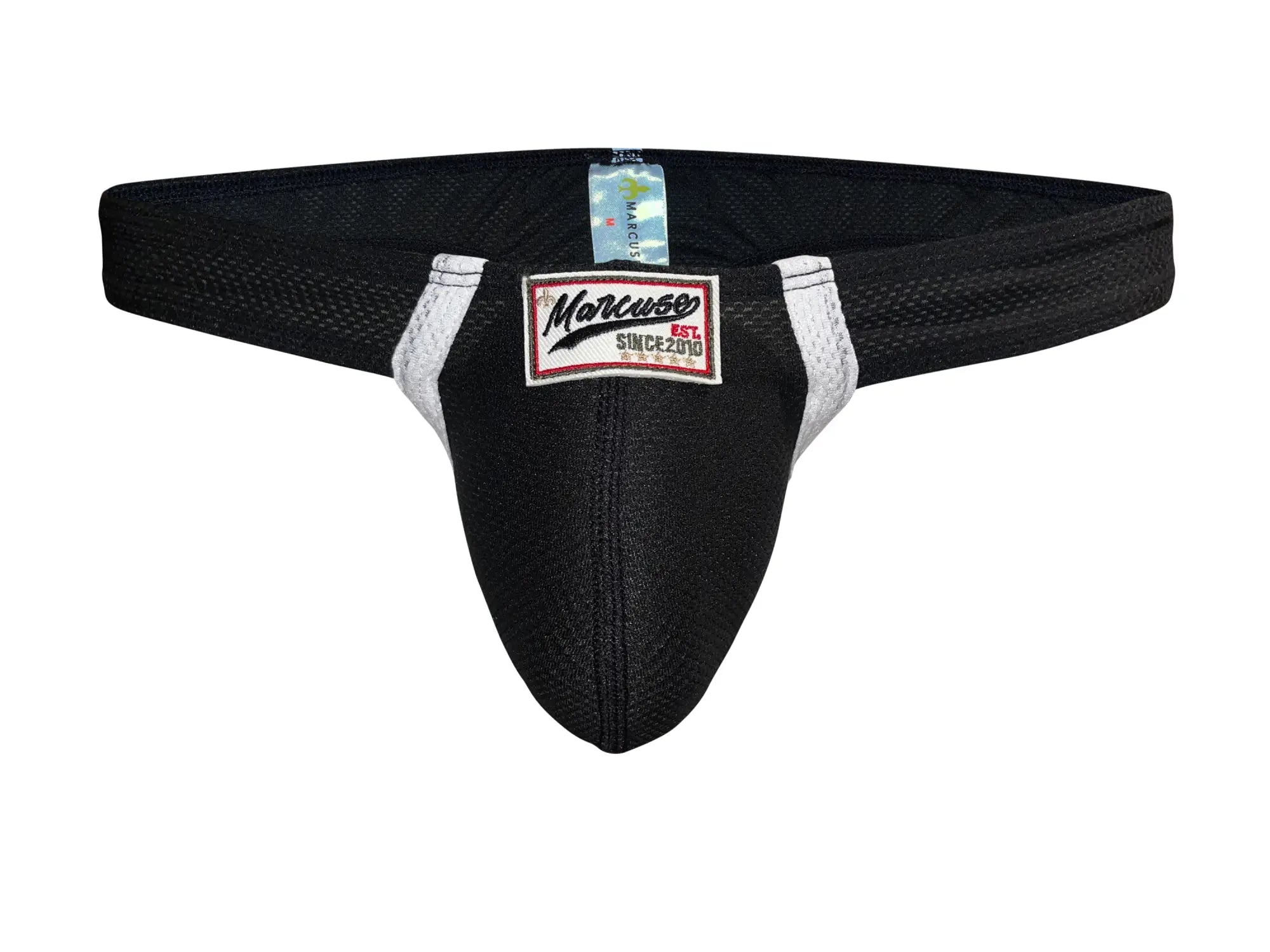Marcuse Oscar thong underwear in black mesh with white trim and a red black and white marcus brand label