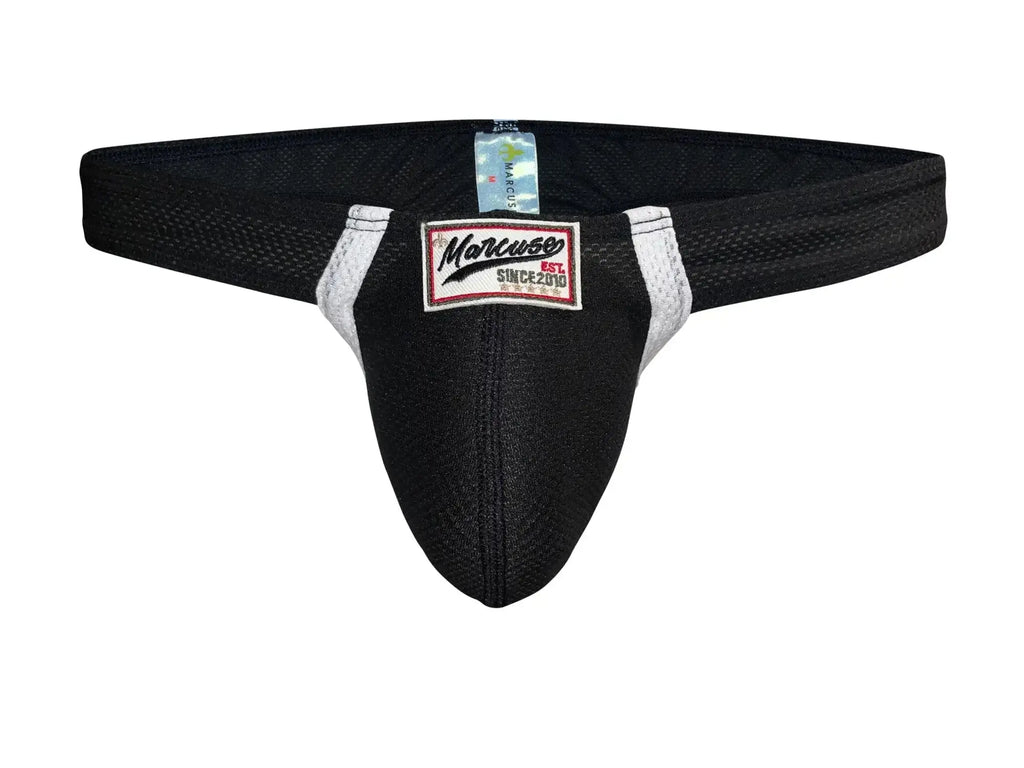 Marcuse Oscar thong underwear in black mesh with white trim and a red black and white marcus brand label