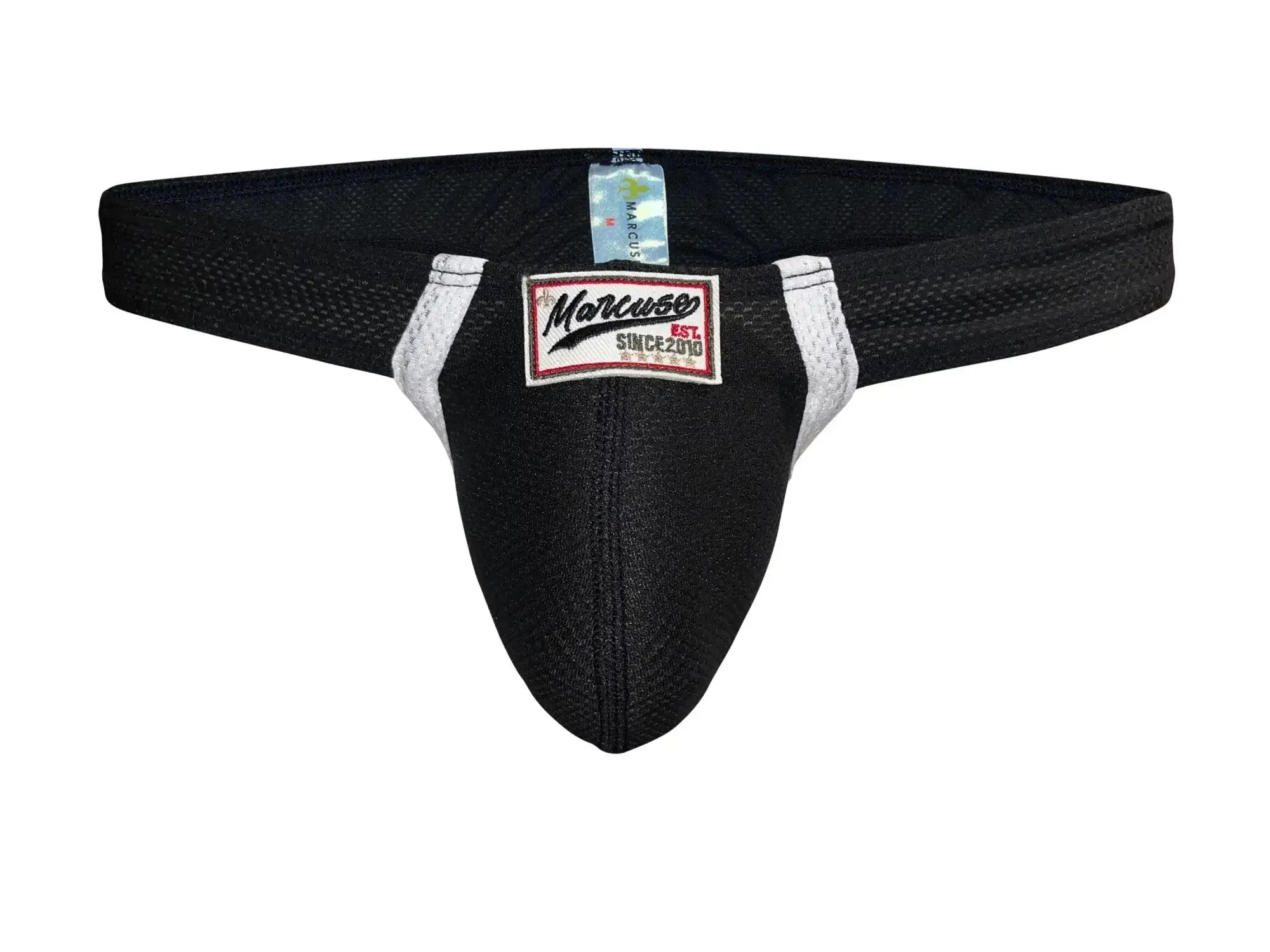 Marcuse Oscar thong underwear in black mesh with white trim and a red black and white marcus brand label