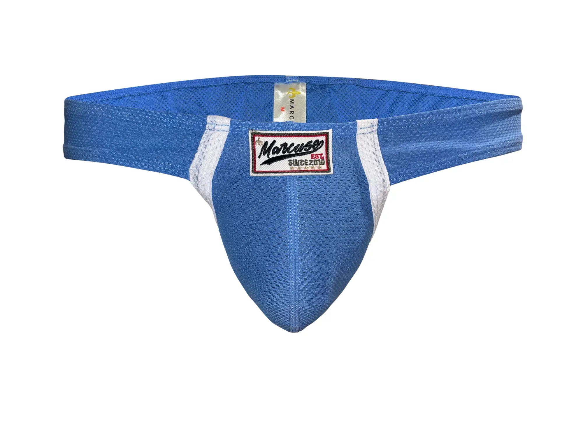 Marcuse Oscar thong underwear in blue mesh with white side panels and red black and white marcuse brand label