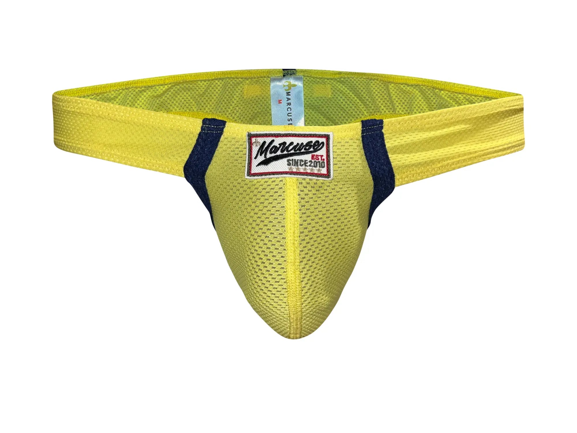 Bright yellow mesh marcuse Oscar thong underwear with navy blue side panels and red white and black brand label