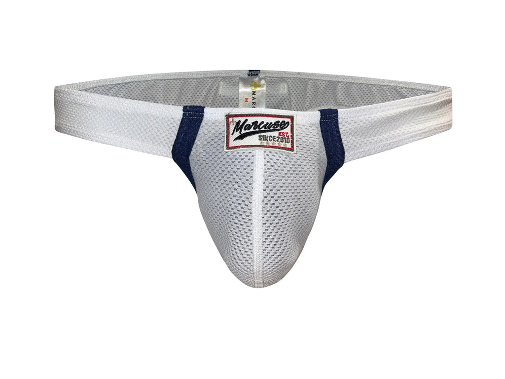 Marcuse Oscar thong underwear in white mesh with navy blue side panels and marcuse brand label for athletic use