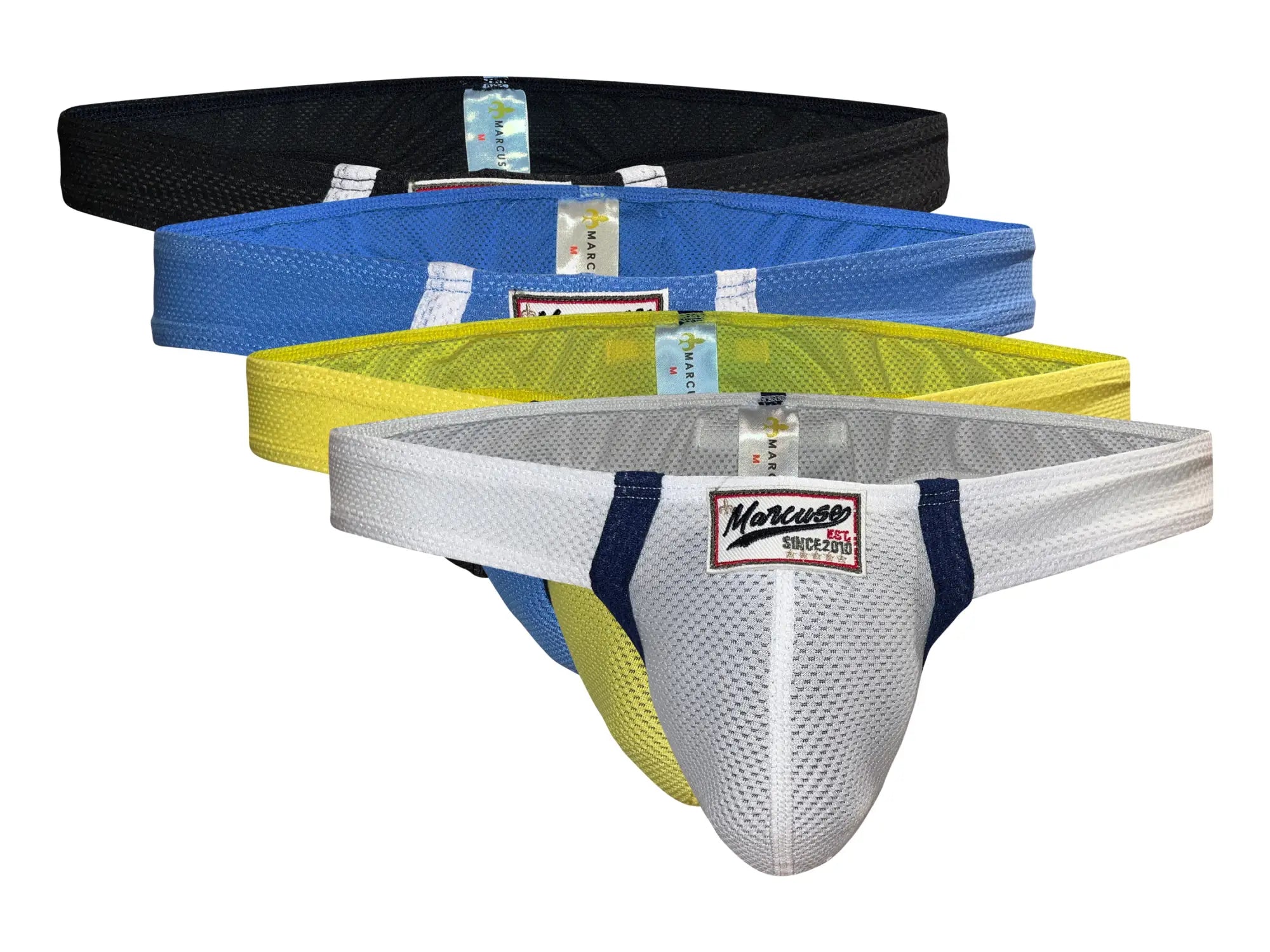 Marcuse oscar thong underwear in white mesh with navy blue side panels and marcus brand label
