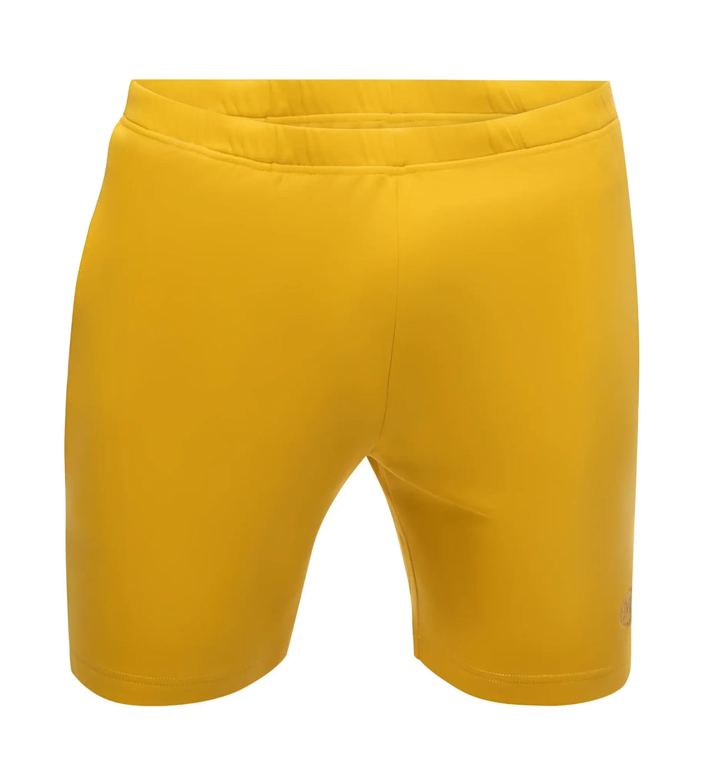 Bright yellow Marcuse Oxford shorts made of soft stretchy fabric with an elastic waistband for athletic use