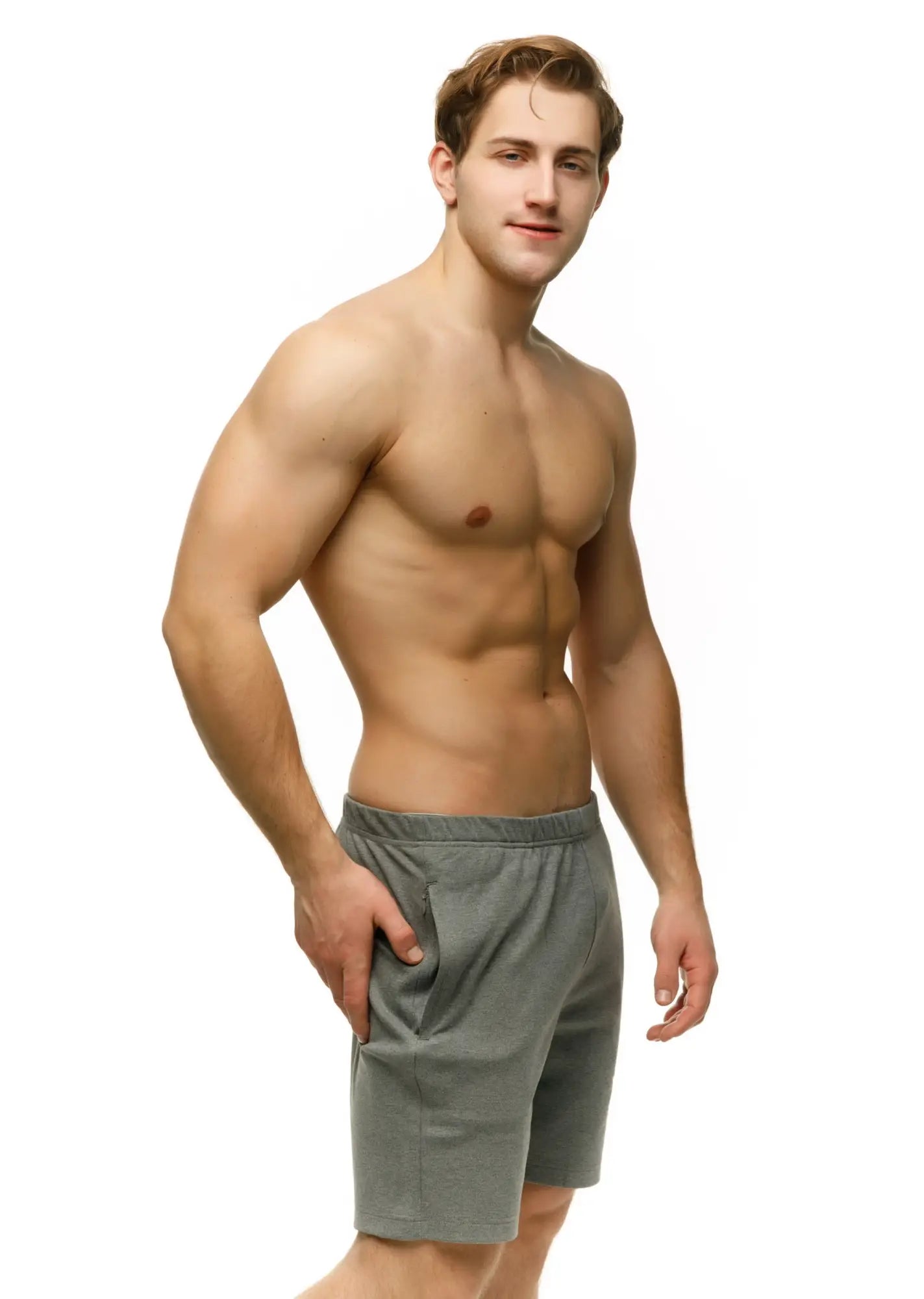 Gray marcuse oxford shorts with comfortable elastic waistband and side pockets for athletic wear
