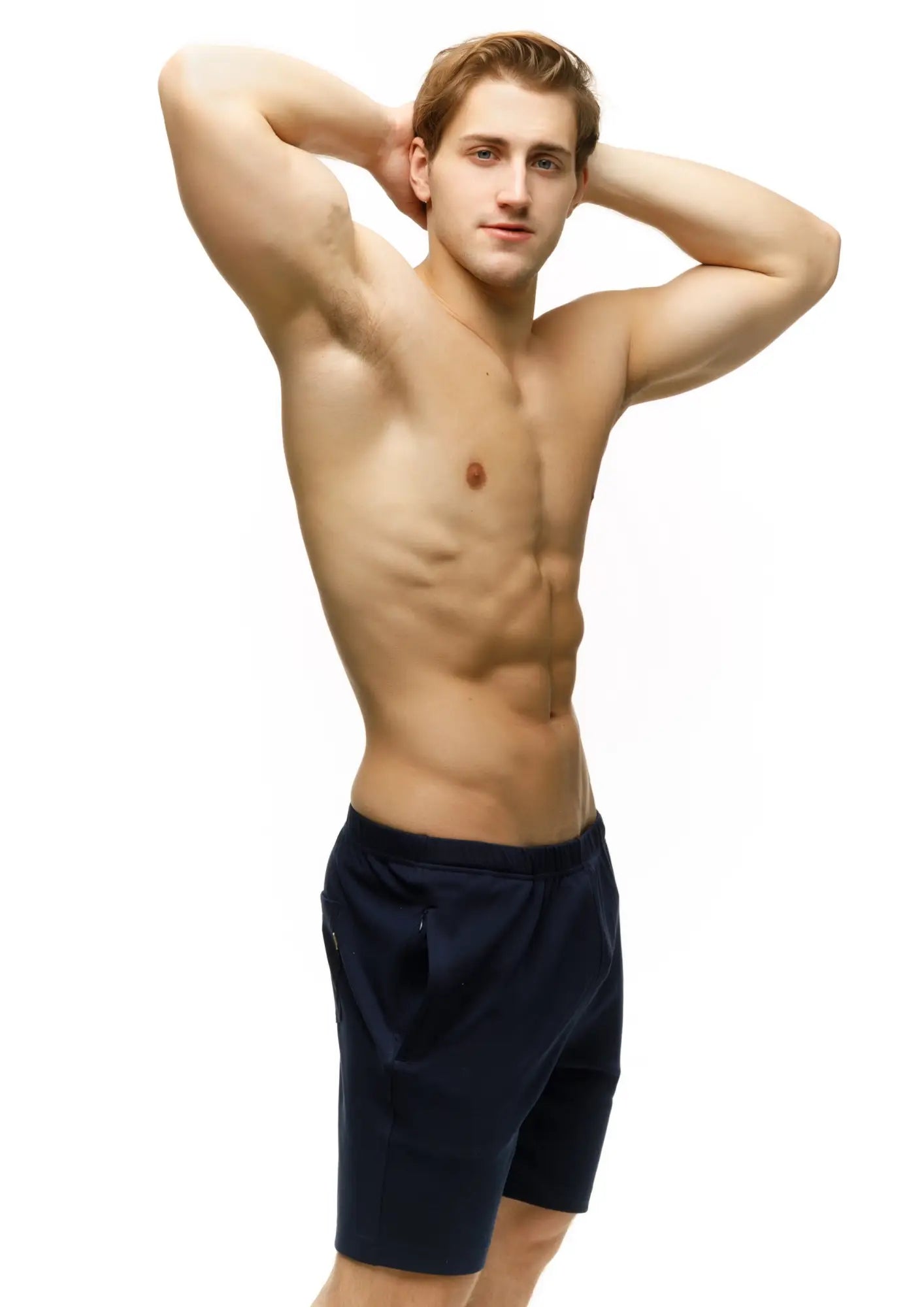 Navy blue marcuse oxford shorts with drawstring waistband and side pockets made from lightweight breathable fabric