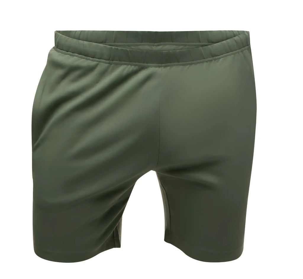 Olive green marcuse oxford shorts with elastic waistband and smooth lightweight fabric for athletic use