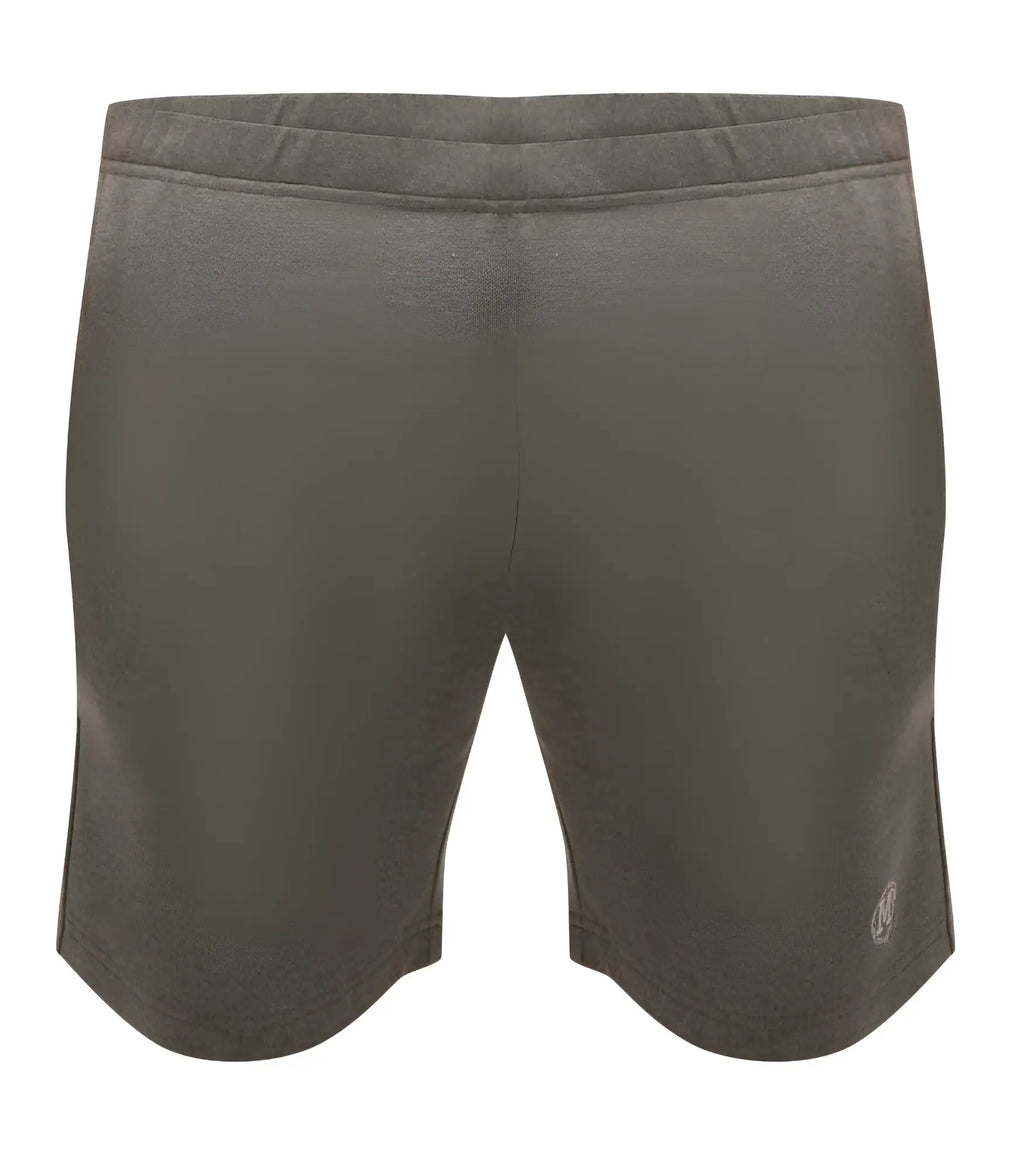 Olive green heathered cotton marcuse oxford shorts with a subtle logo on the lower right leg