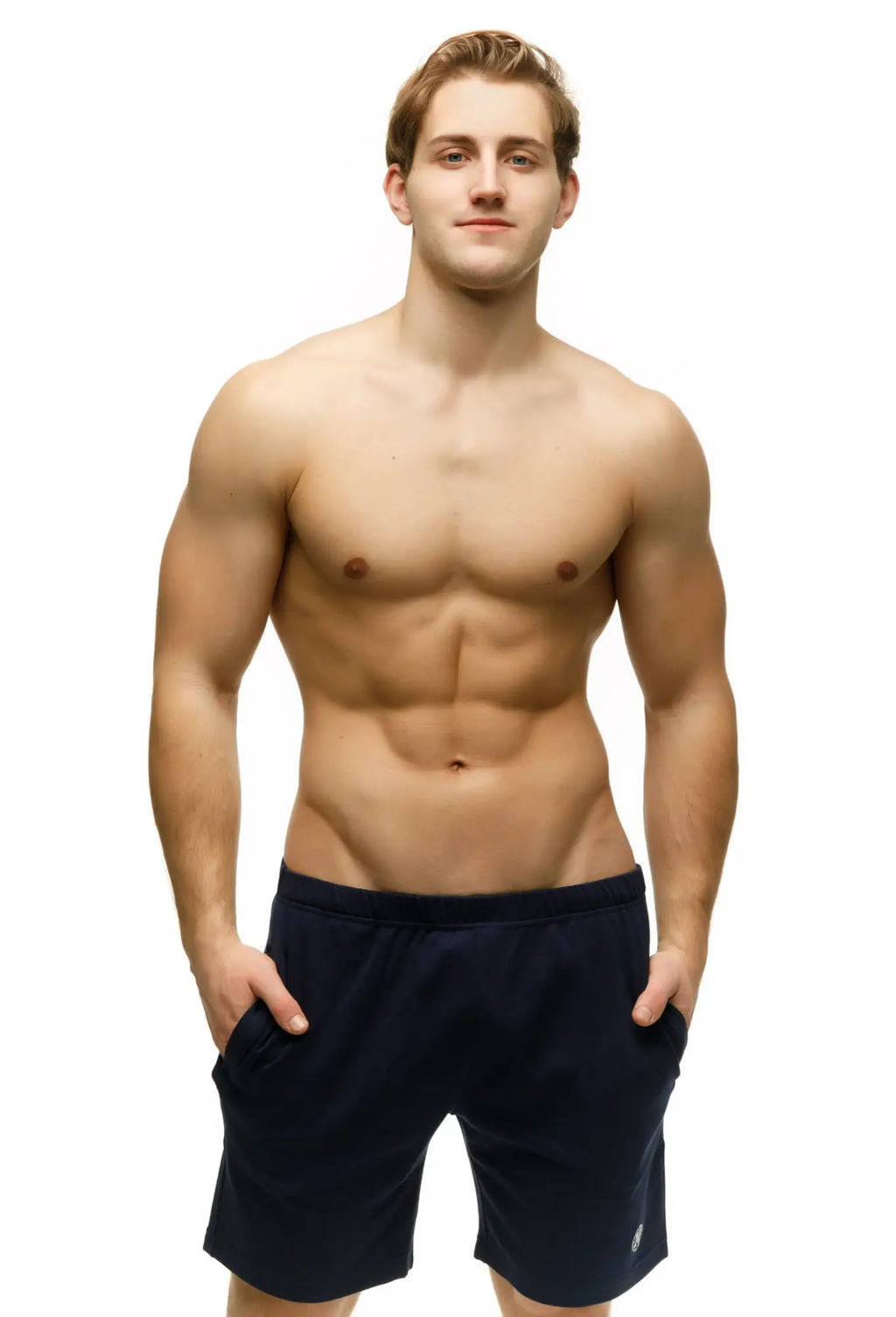 Marcuse oxford shorts are dark navy athletic shorts with an elastic waistband and subtle side pockets for comfort