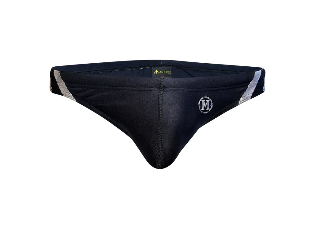 Black mens swim trunks with silver reflective stripes and circular m logo front marcuse panache bikini swimwear