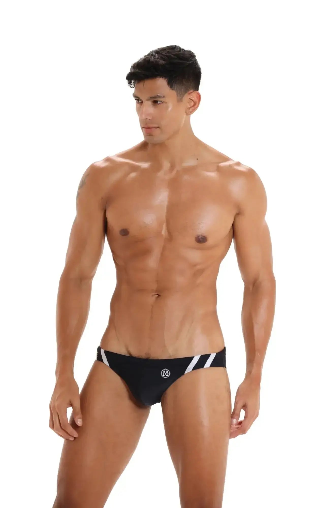 Black Marcuse Panache bikini swimwear trunks with white diagonal stripes and small waistband logo for swimming